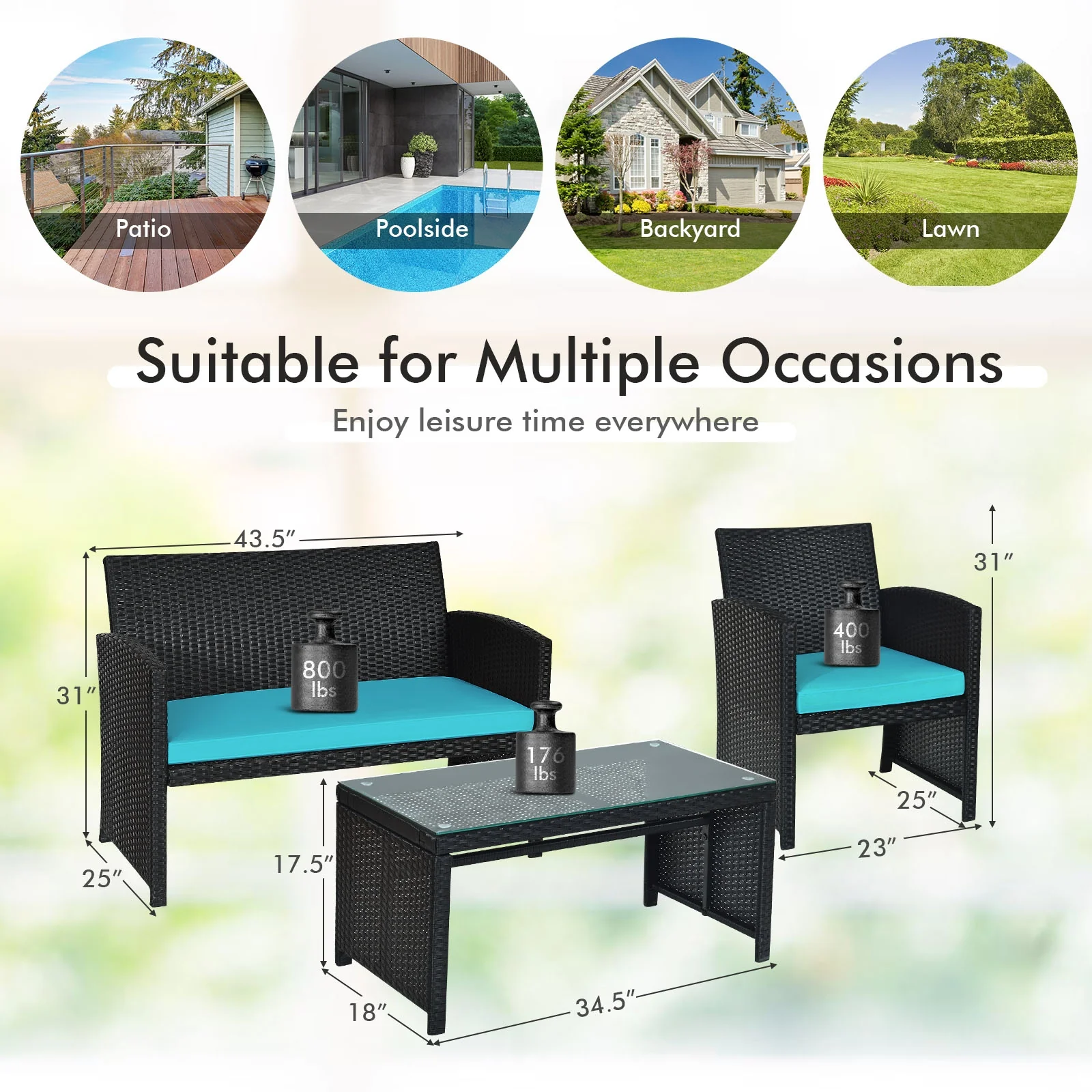 4-Piece Rattan Patio Set, Weather Resistant Cushions, Tempered Glass Tabletop, Turquoise - Image 5