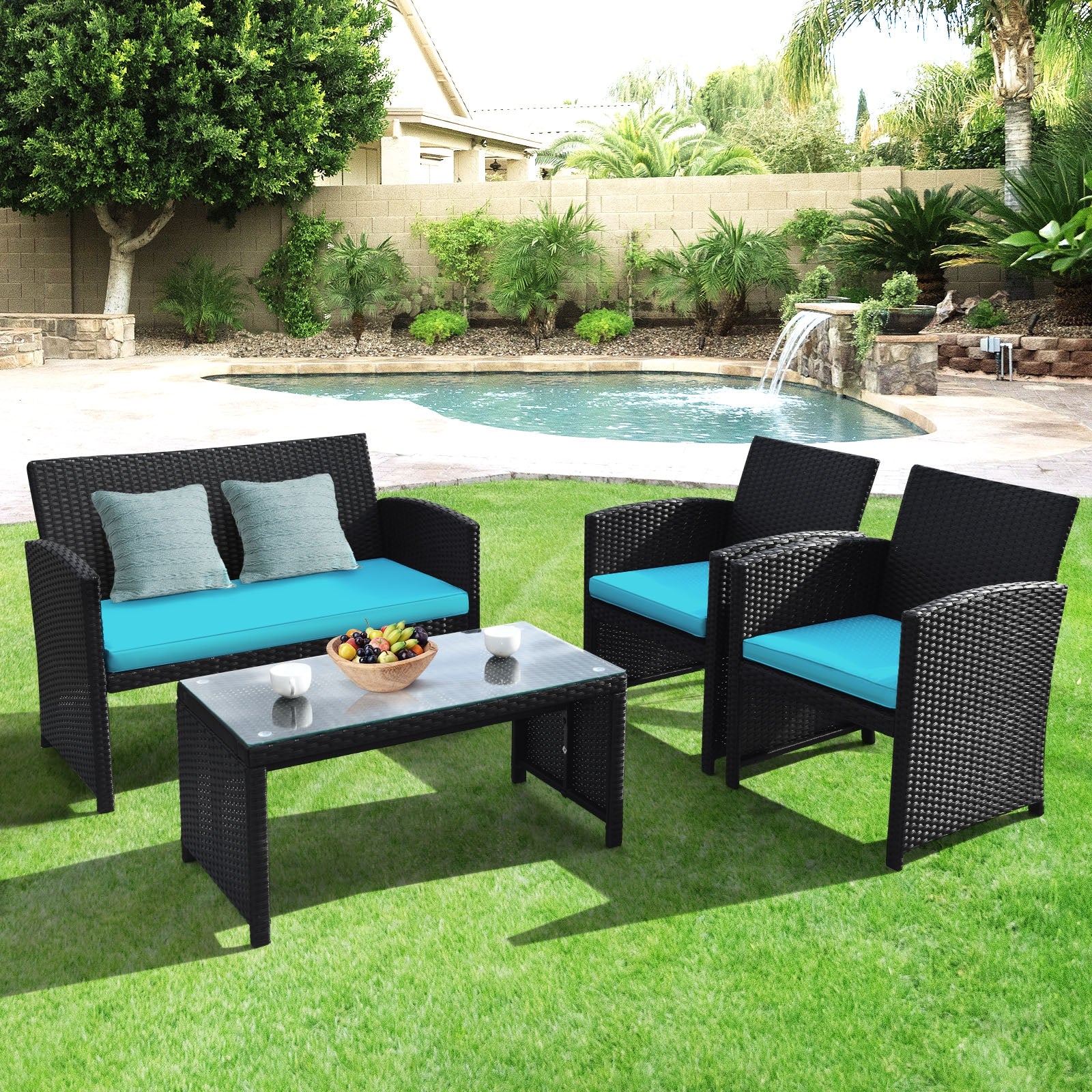 4-Piece Rattan Patio Set, Weather Resistant Cushions, Tempered Glass Tabletop, Turquoise - Image 7