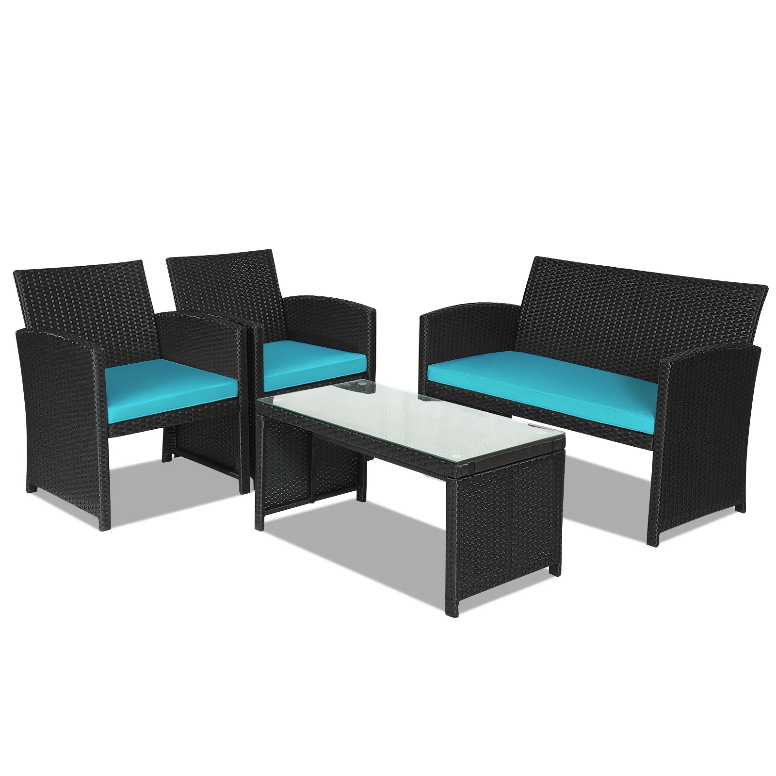 4-Piece Rattan Patio Set, Weather Resistant Cushions, Tempered Glass Tabletop, Turquoise - Image 8