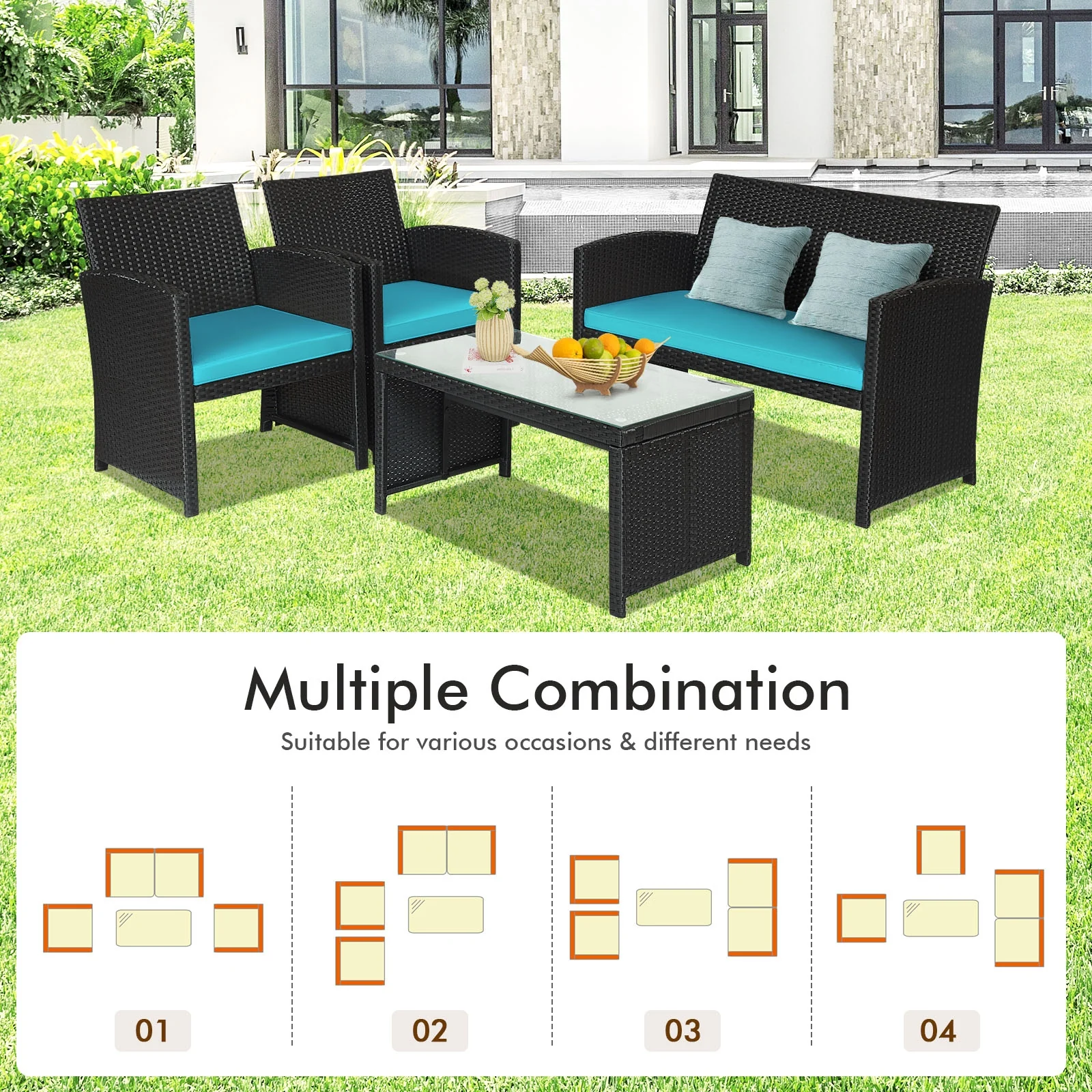 4-Piece Rattan Patio Set, Weather Resistant Cushions, Tempered Glass Tabletop, Turquoise - Image 9