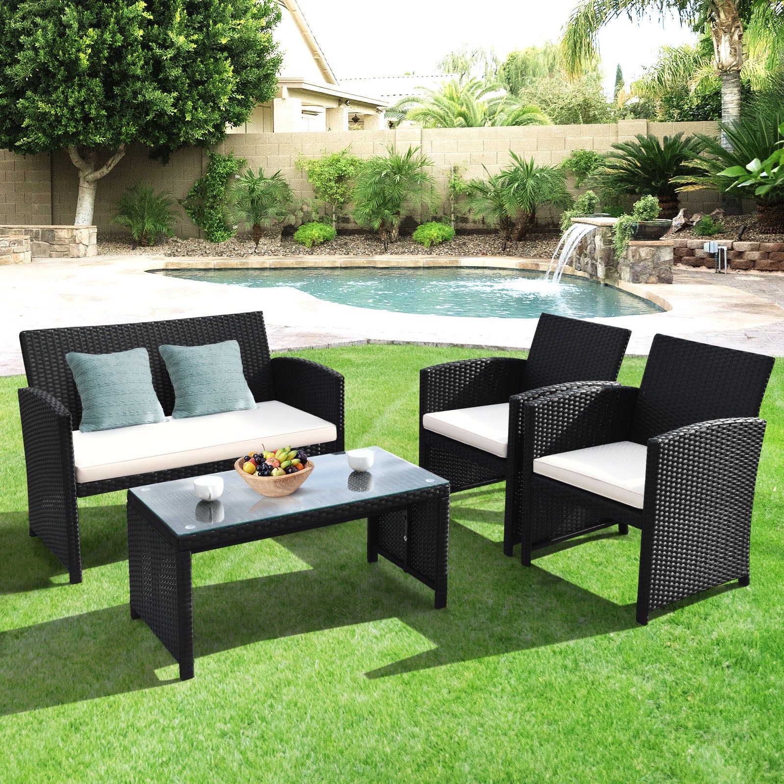 4 Piece Rattan Patio Set, Weather Resistant Cushions, Tempered Glass Tabletop, White - Image 2