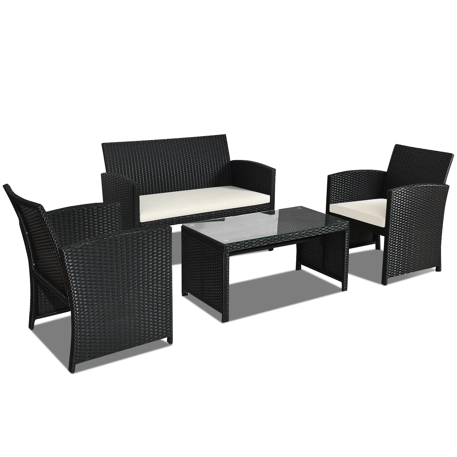 4 Piece Rattan Patio Set, Weather Resistant Cushions, Tempered Glass Tabletop, White - Image 4