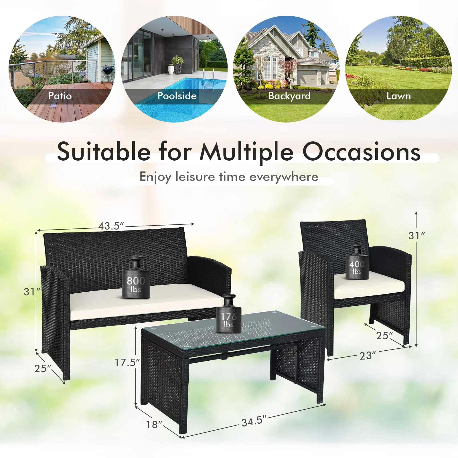 4 Piece Rattan Patio Set, Weather Resistant Cushions, Tempered Glass Tabletop, White - Image 5