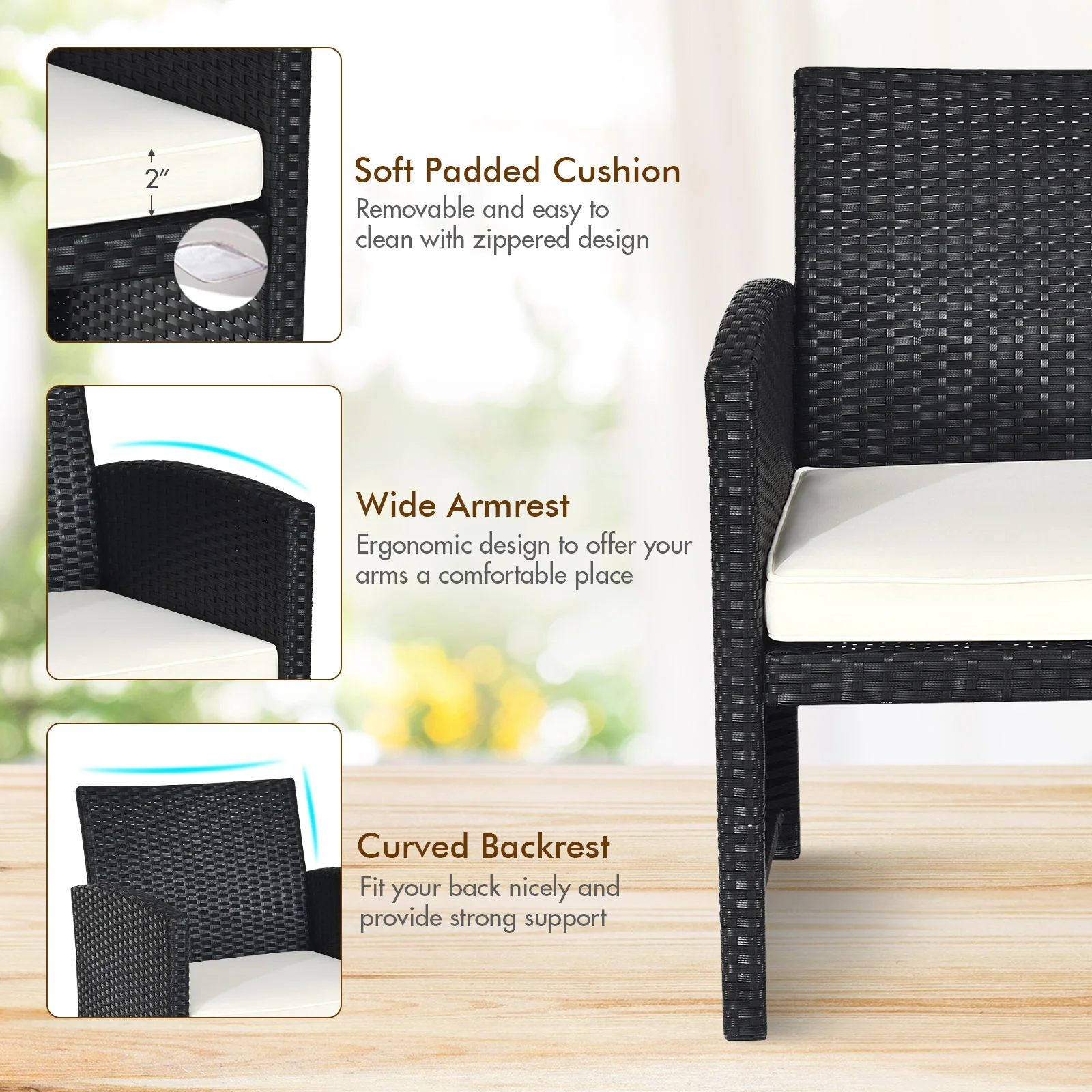 4 Piece Rattan Patio Set, Weather Resistant Cushions, Tempered Glass Tabletop, White - Image 6