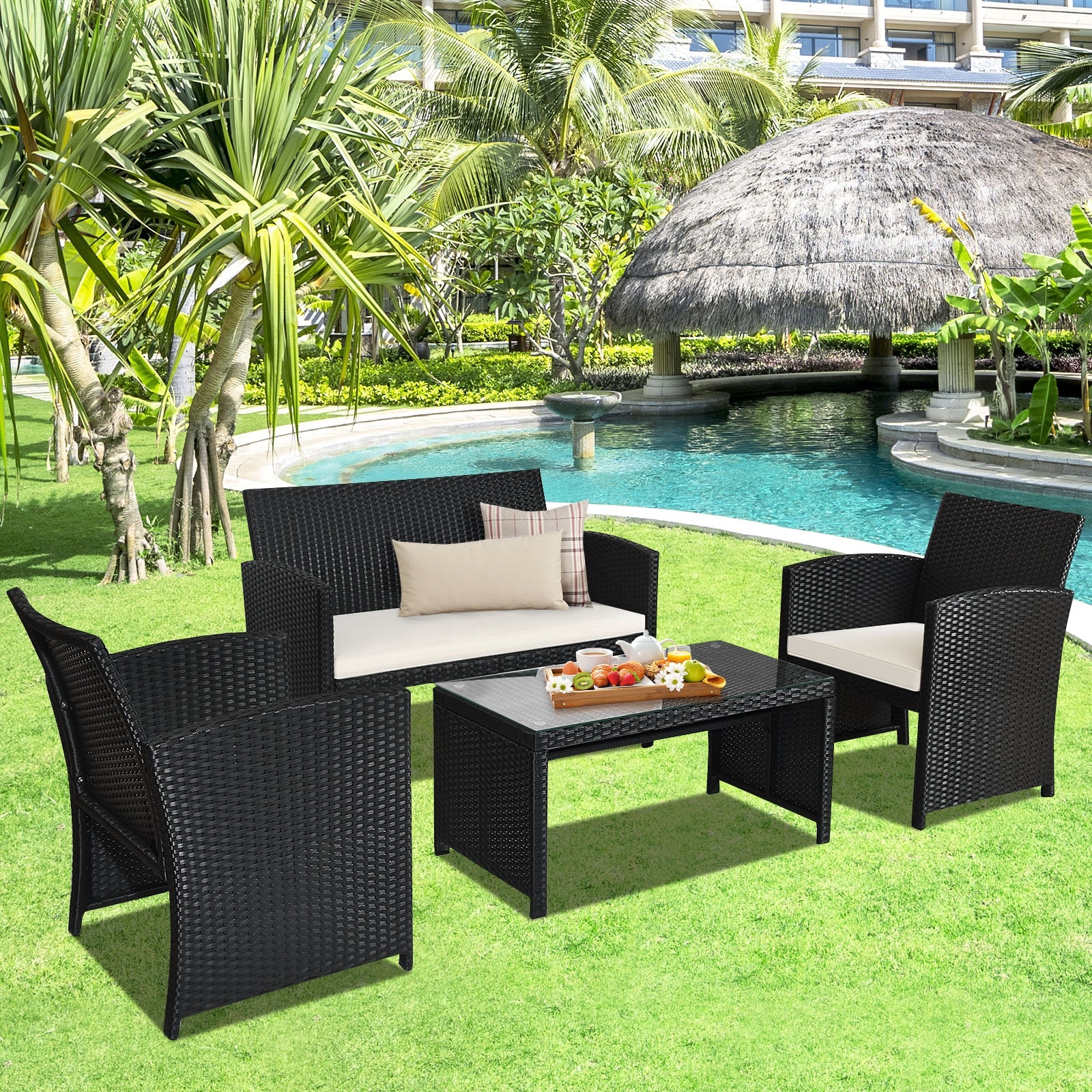 4 Piece Rattan Patio Set, Weather Resistant Cushions, Tempered Glass Tabletop, White - Image 7