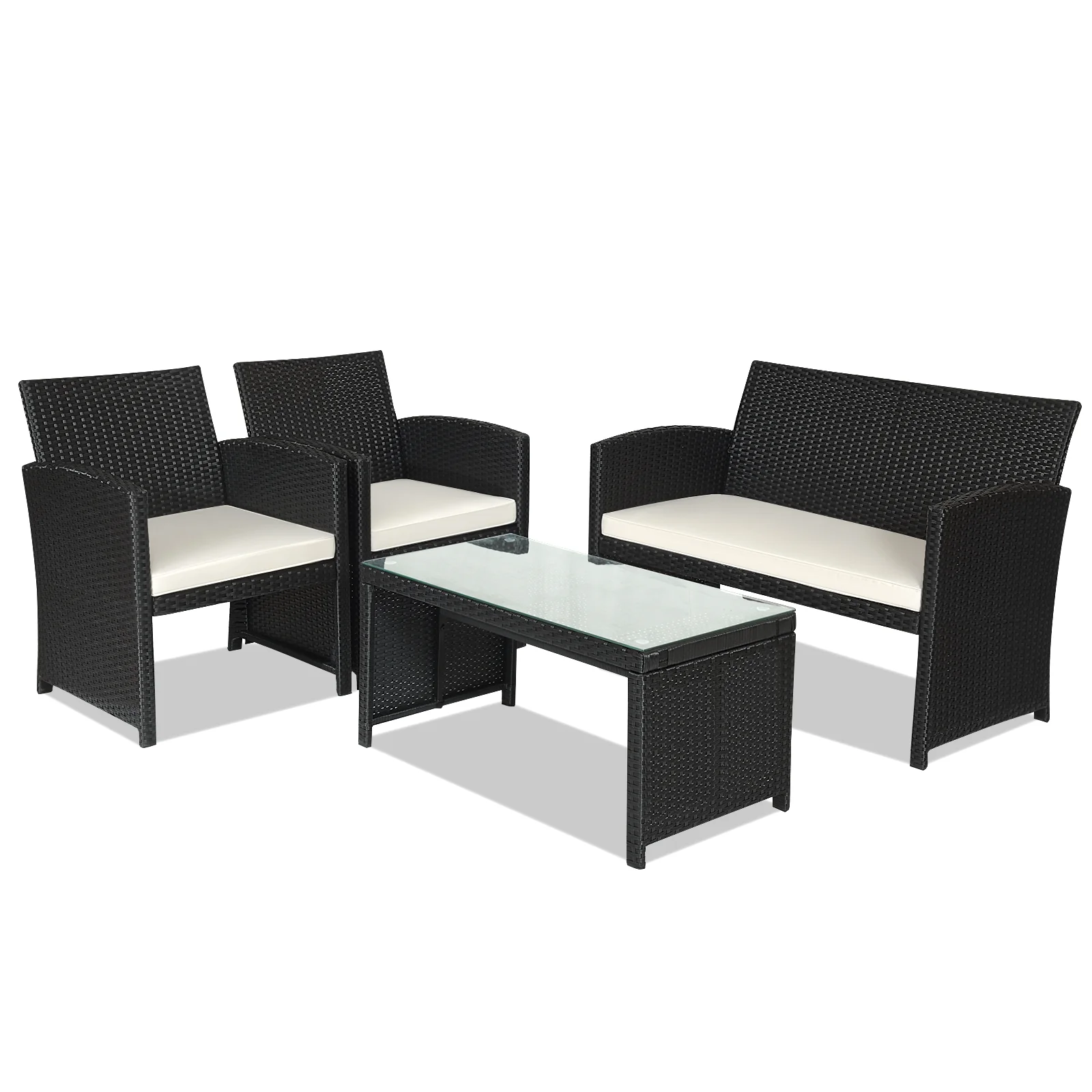 4 Piece Rattan Patio Set, Weather Resistant Cushions, Tempered Glass Tabletop, White - Image 8