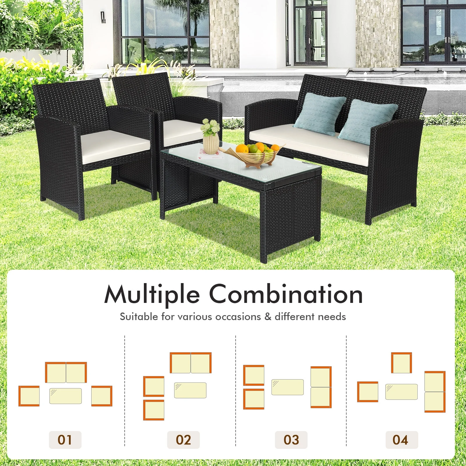 4 Piece Rattan Patio Set, Weather Resistant Cushions, Tempered Glass Tabletop, White - Image 9