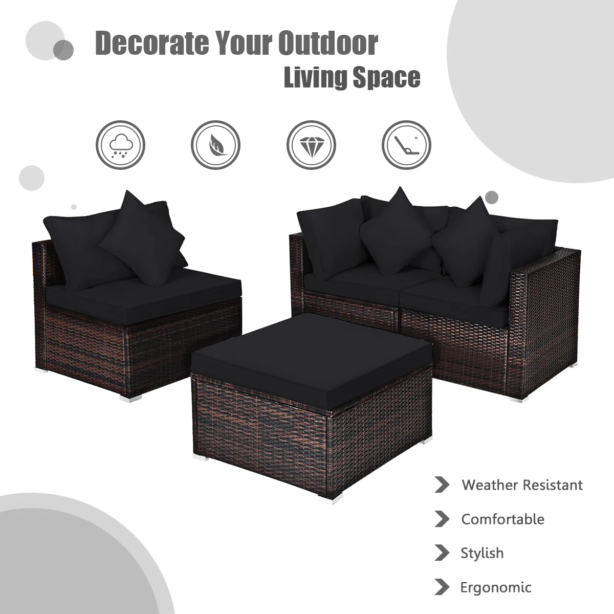 4-Piece Rattan Patio Set, With Cushions, Black - Image 10