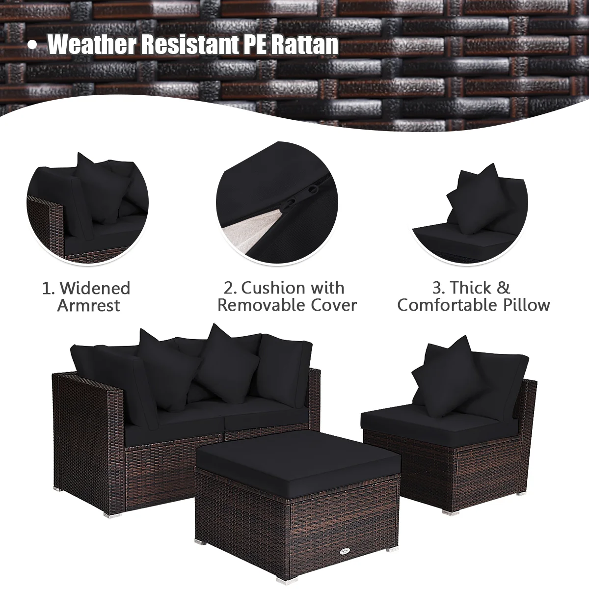 4-Piece Rattan Patio Set, With Cushions, Black - Image 6