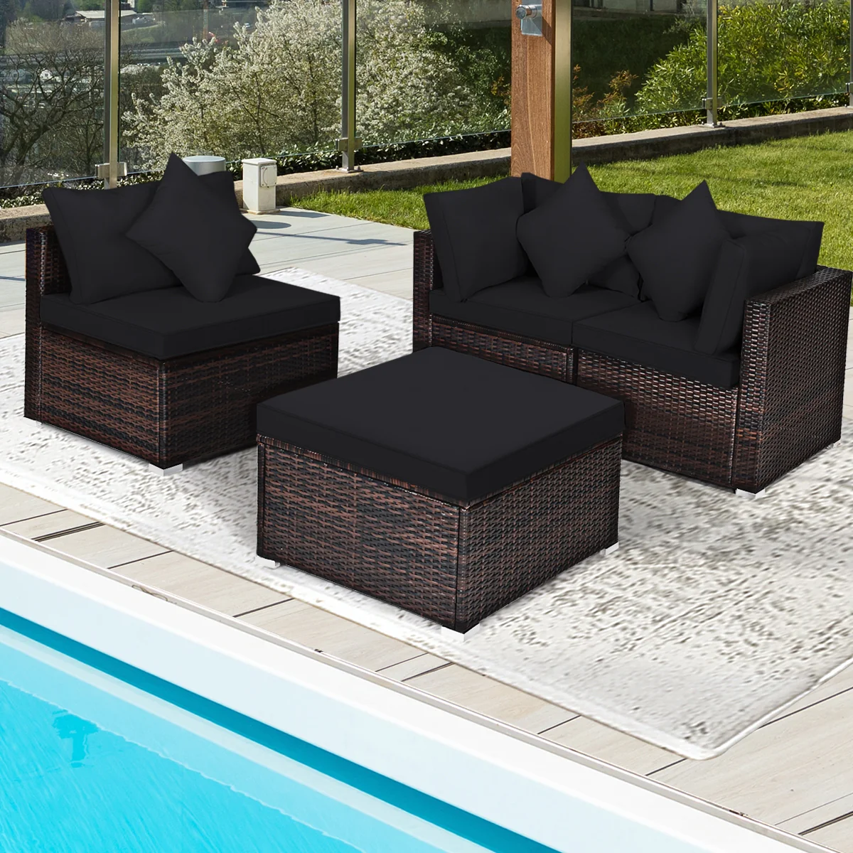 4-Piece Rattan Patio Set, With Cushions, Black - Image 8