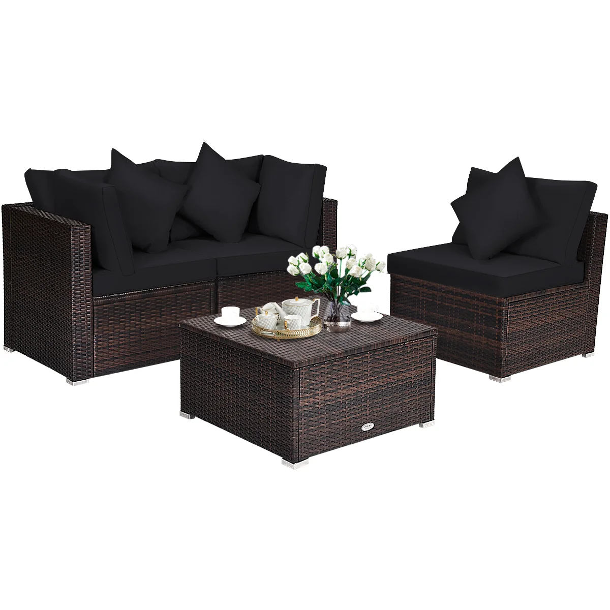 4-Piece Rattan Patio Set, With Cushions, Black - Image 9