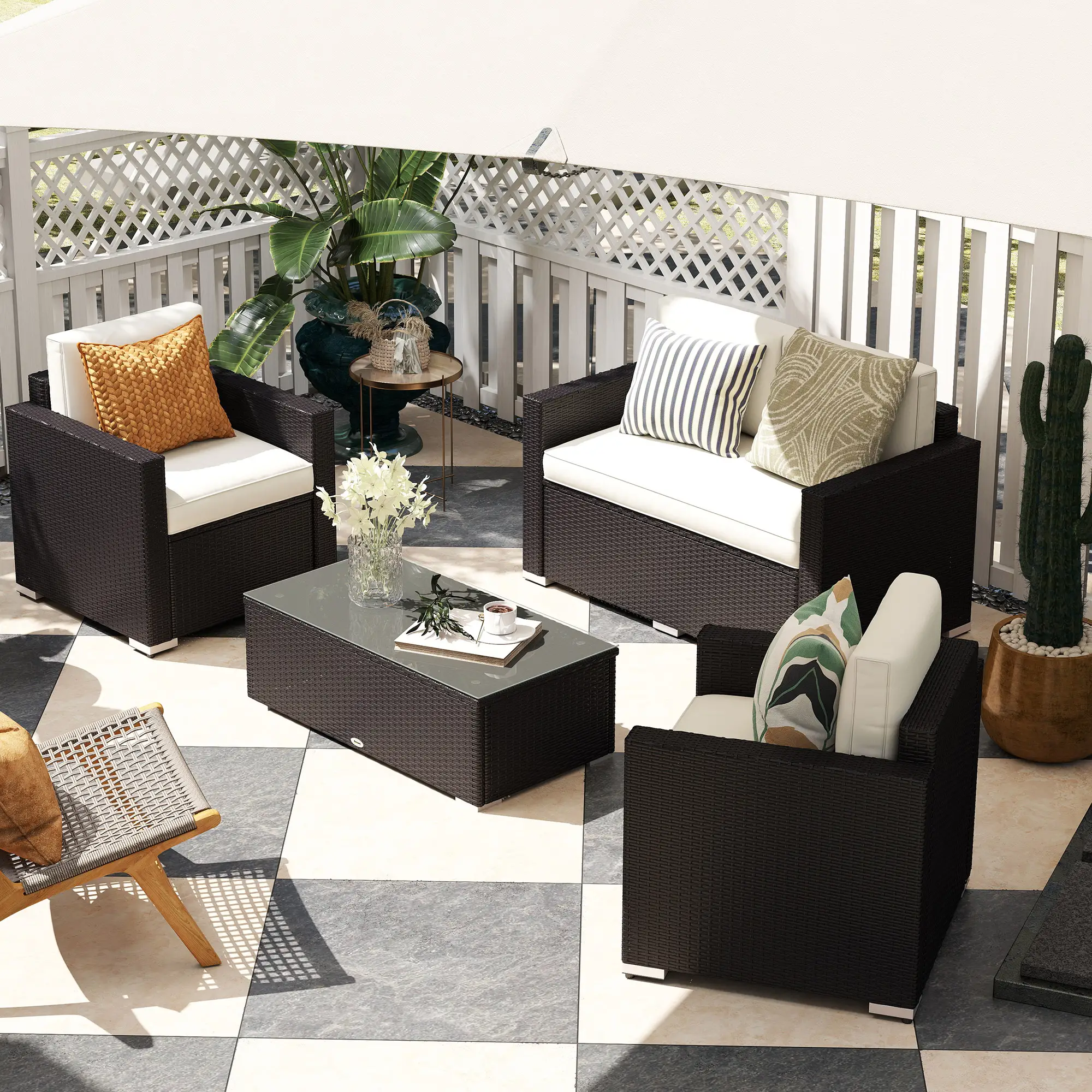 4-Piece Sectional Patio Set, Rattan Wicker Chairs with Cushions, Cream White - Image 2