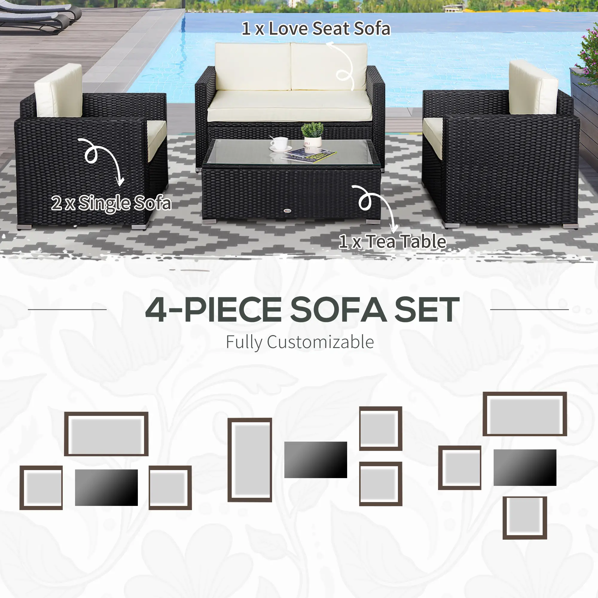 4-Piece Sectional Patio Set, Rattan Wicker Chairs with Cushions, Cream White - Image 7