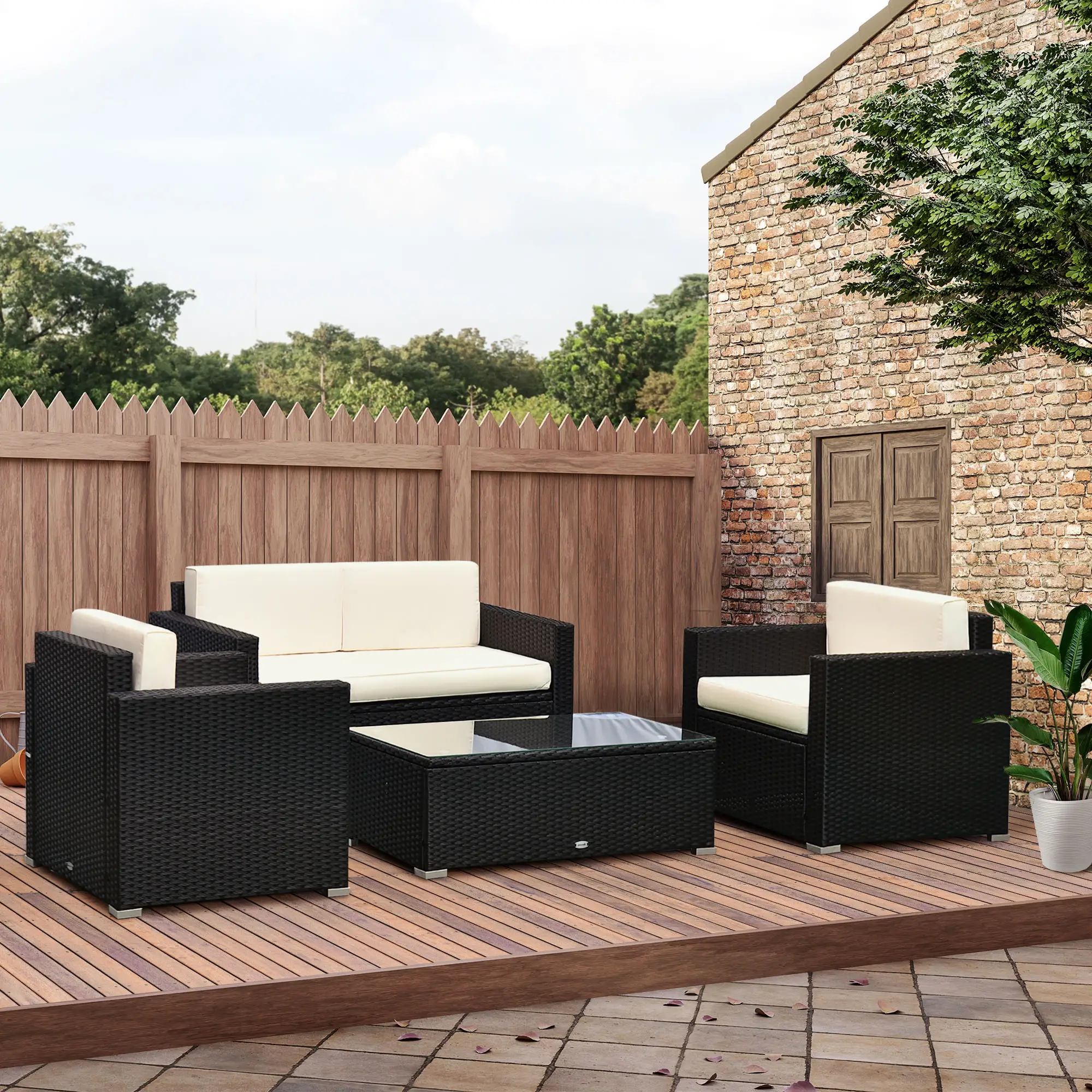 4-Piece Sectional Patio Set, Rattan Wicker Chairs with Cushions, Cream White - Image 9