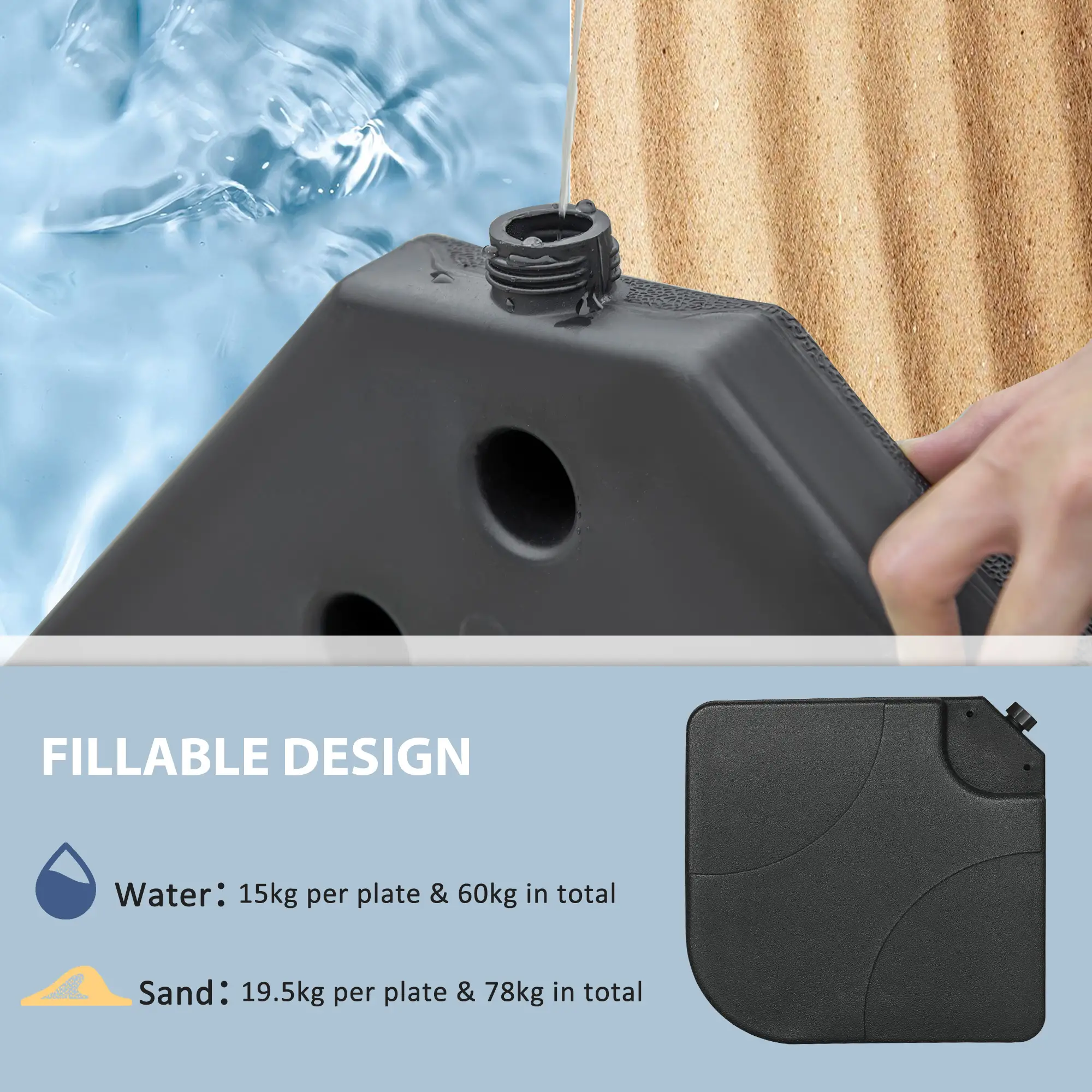 4 Piece Umbrella Base Stand, U Locking, 132 lb Water or 172 lb Sand, Black - Image 5