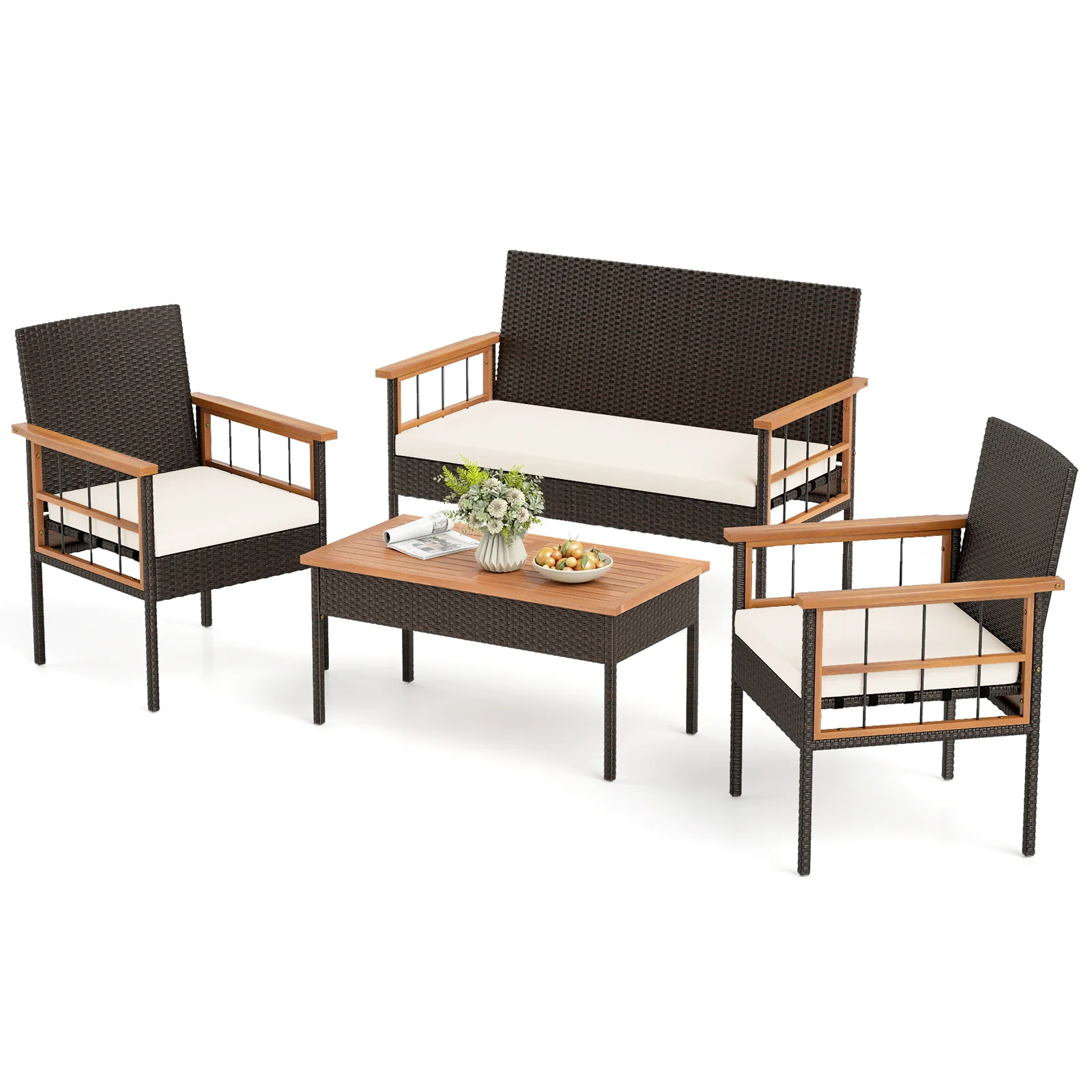 4-Piece Wicker Furniture Set, Acacia Wood Tabletop, White