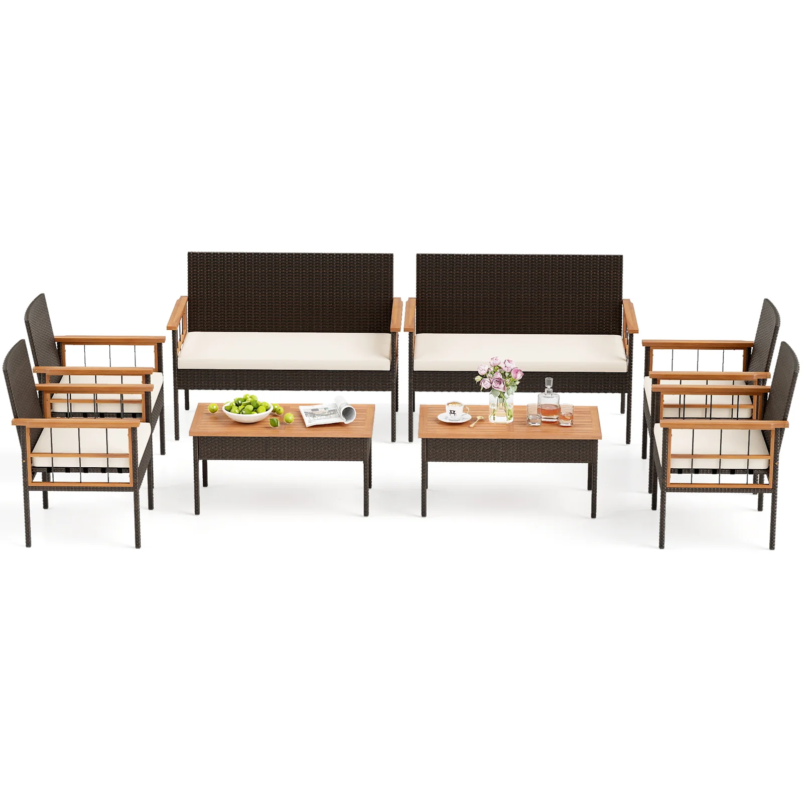 4-Piece Wicker Furniture Set, Acacia Wood Tabletop, White - Image 10
