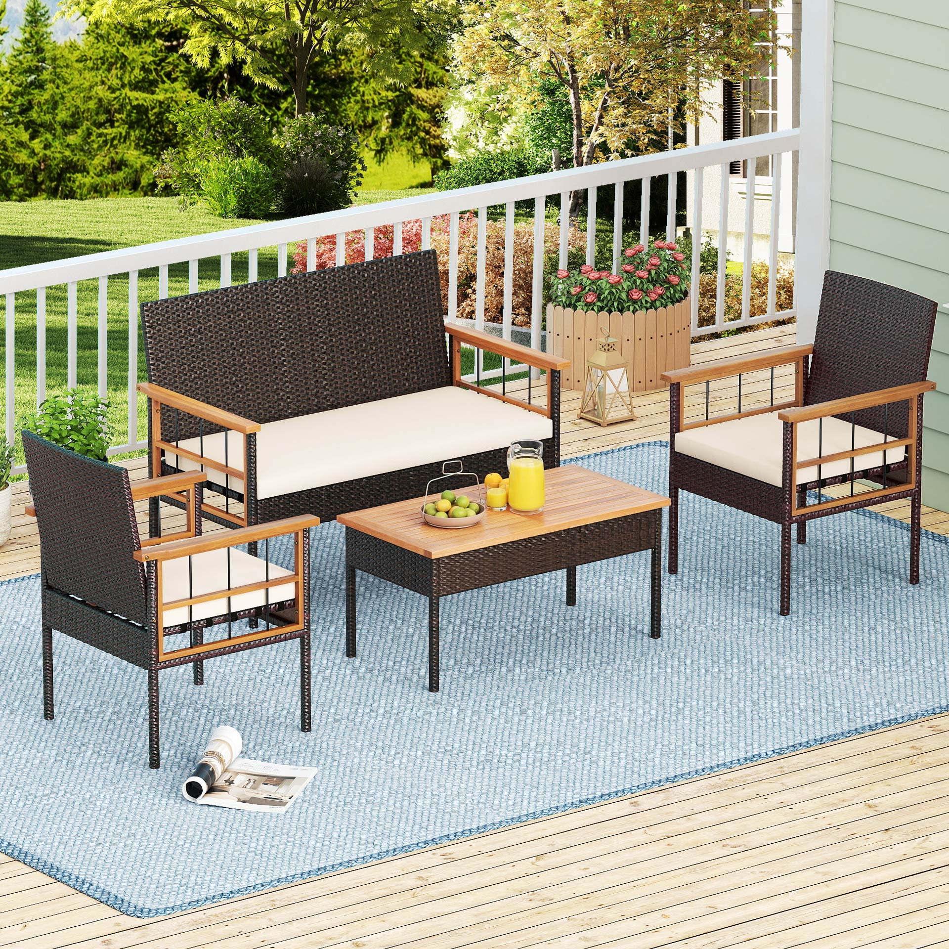 4-Piece Wicker Furniture Set, Acacia Wood Tabletop, White - Image 2