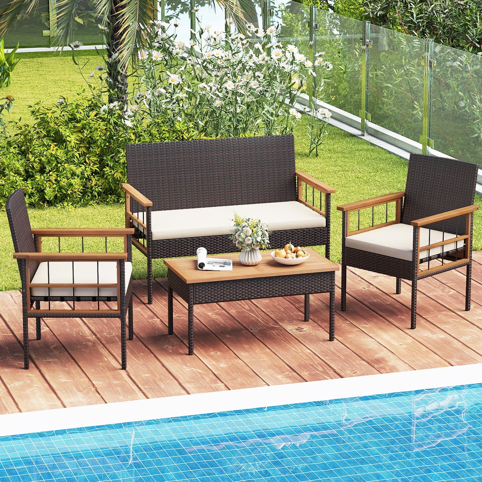 4-Piece Wicker Furniture Set, Acacia Wood Tabletop, White - Image 3