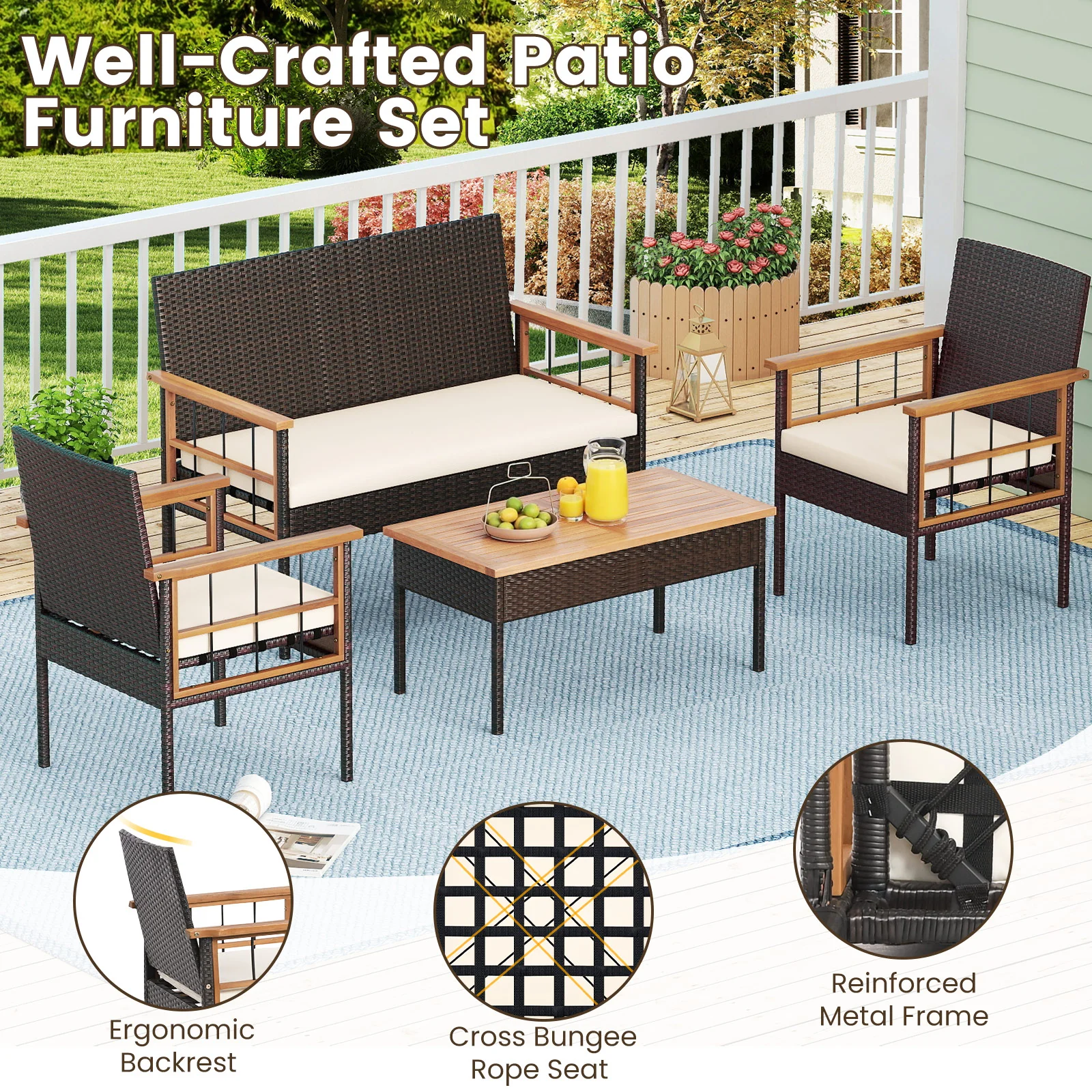 4-Piece Wicker Furniture Set, Acacia Wood Tabletop, White - Image 8
