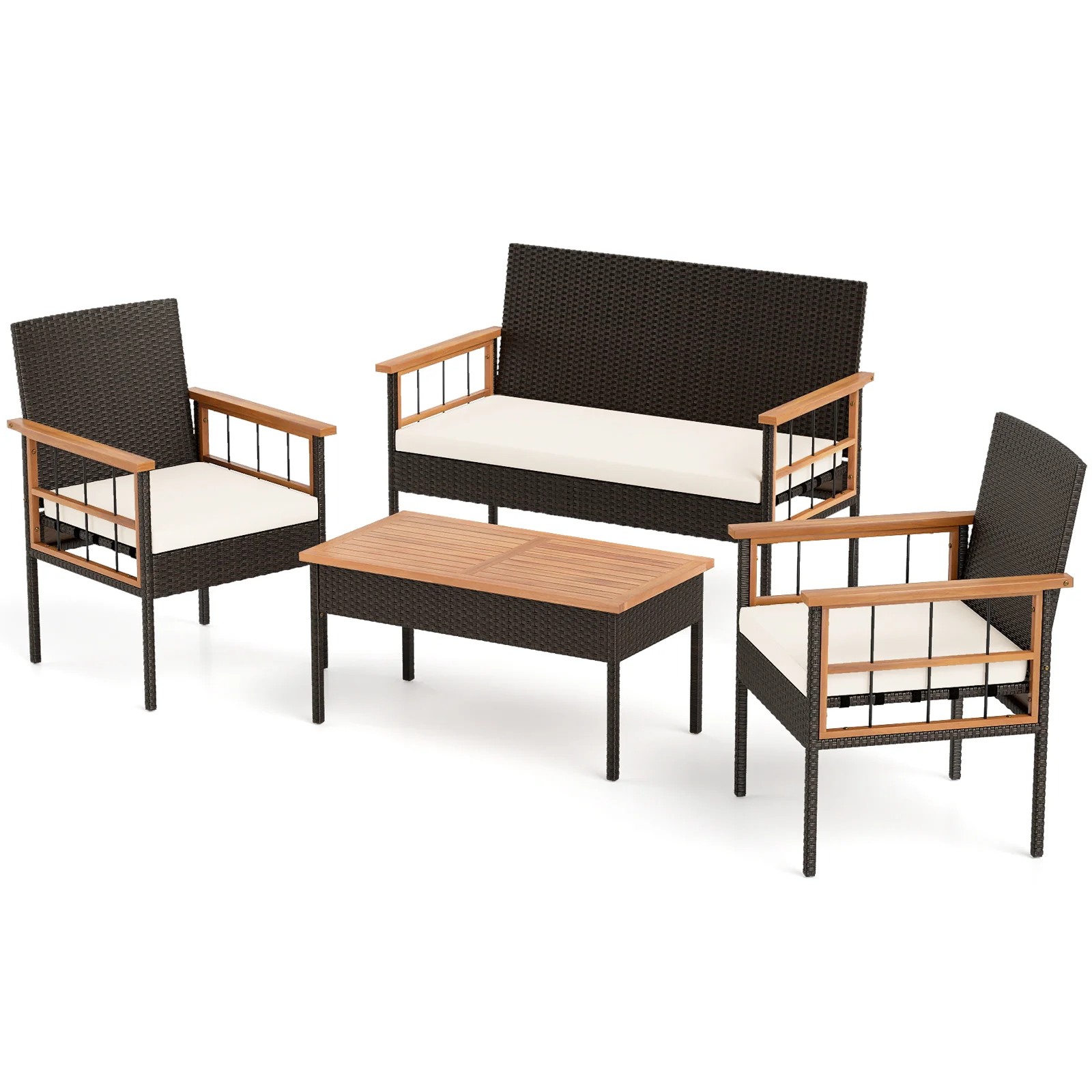 4-Piece Wicker Furniture Set, Acacia Wood Tabletop, White - Image 9