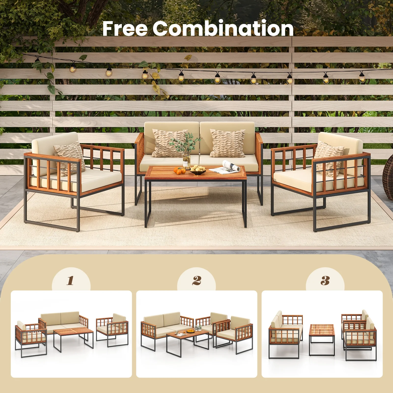 4 Pieces Acacia Wood Outdoor Sofa Set for Balcony Porch Backyard Poolside - Image 10