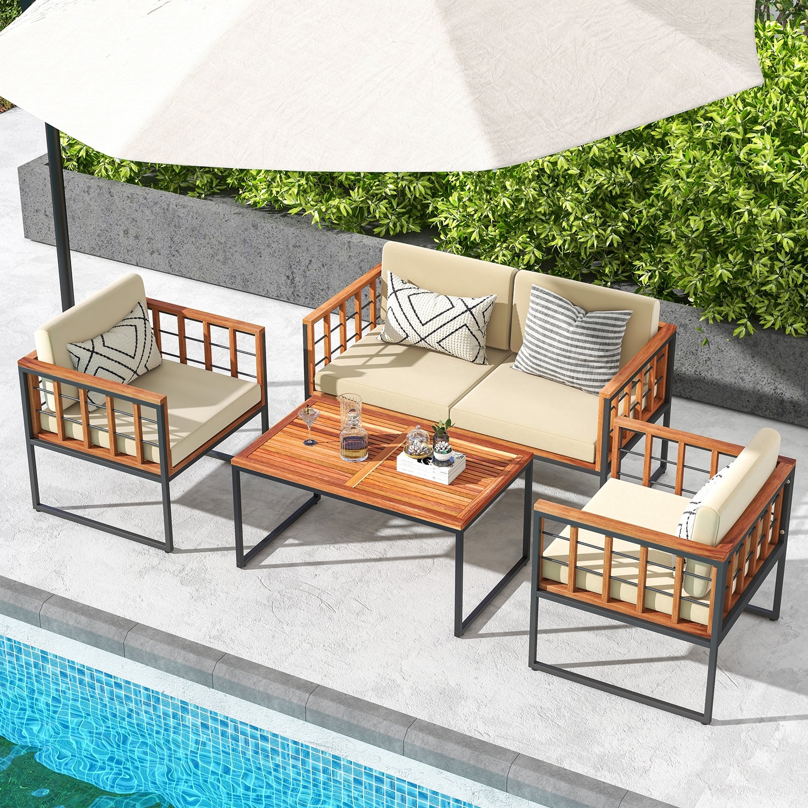 4 Pieces Acacia Wood Outdoor Sofa Set for Balcony Porch Backyard Poolside - Image 2