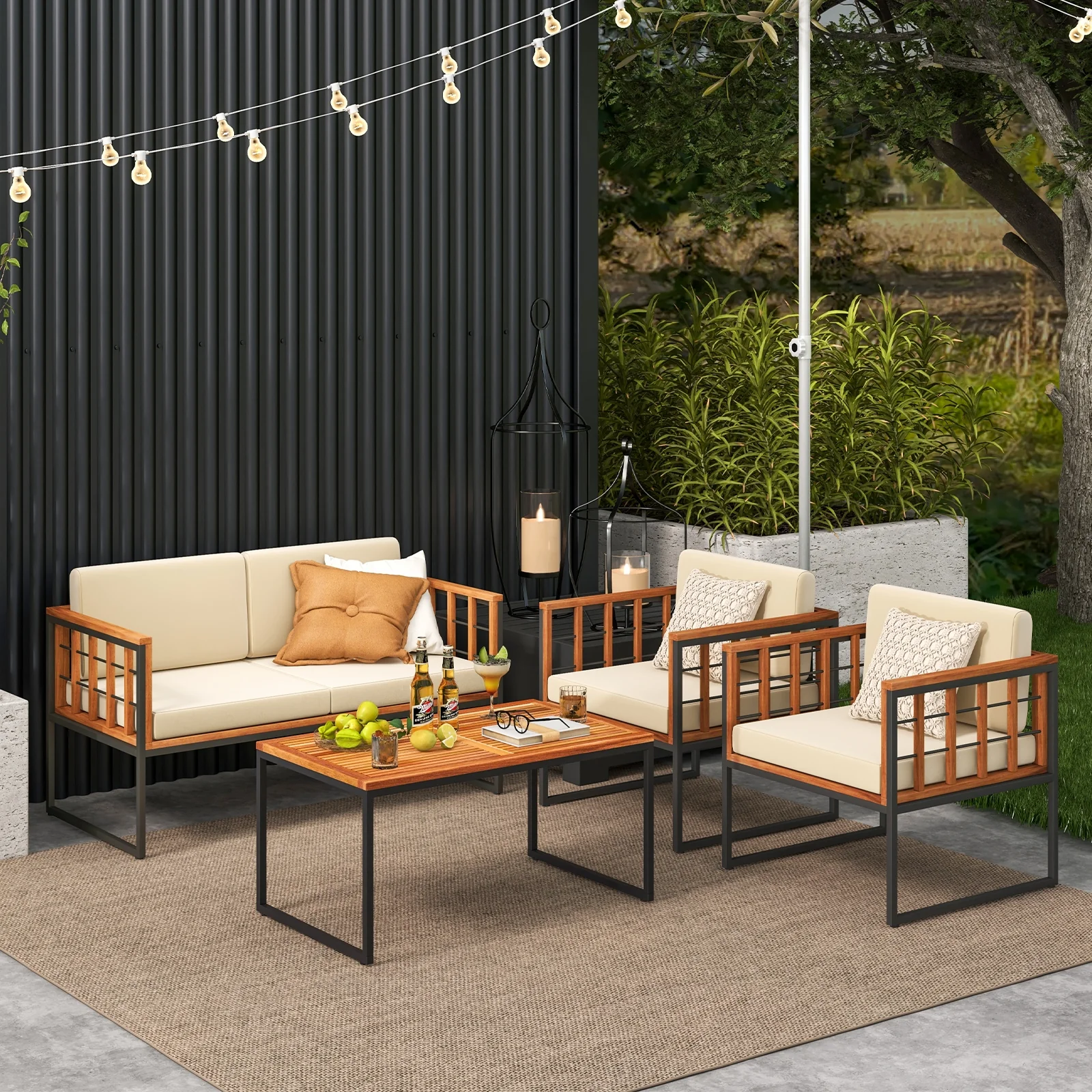 4 Pieces Acacia Wood Outdoor Sofa Set for Balcony Porch Backyard Poolside - Image 3