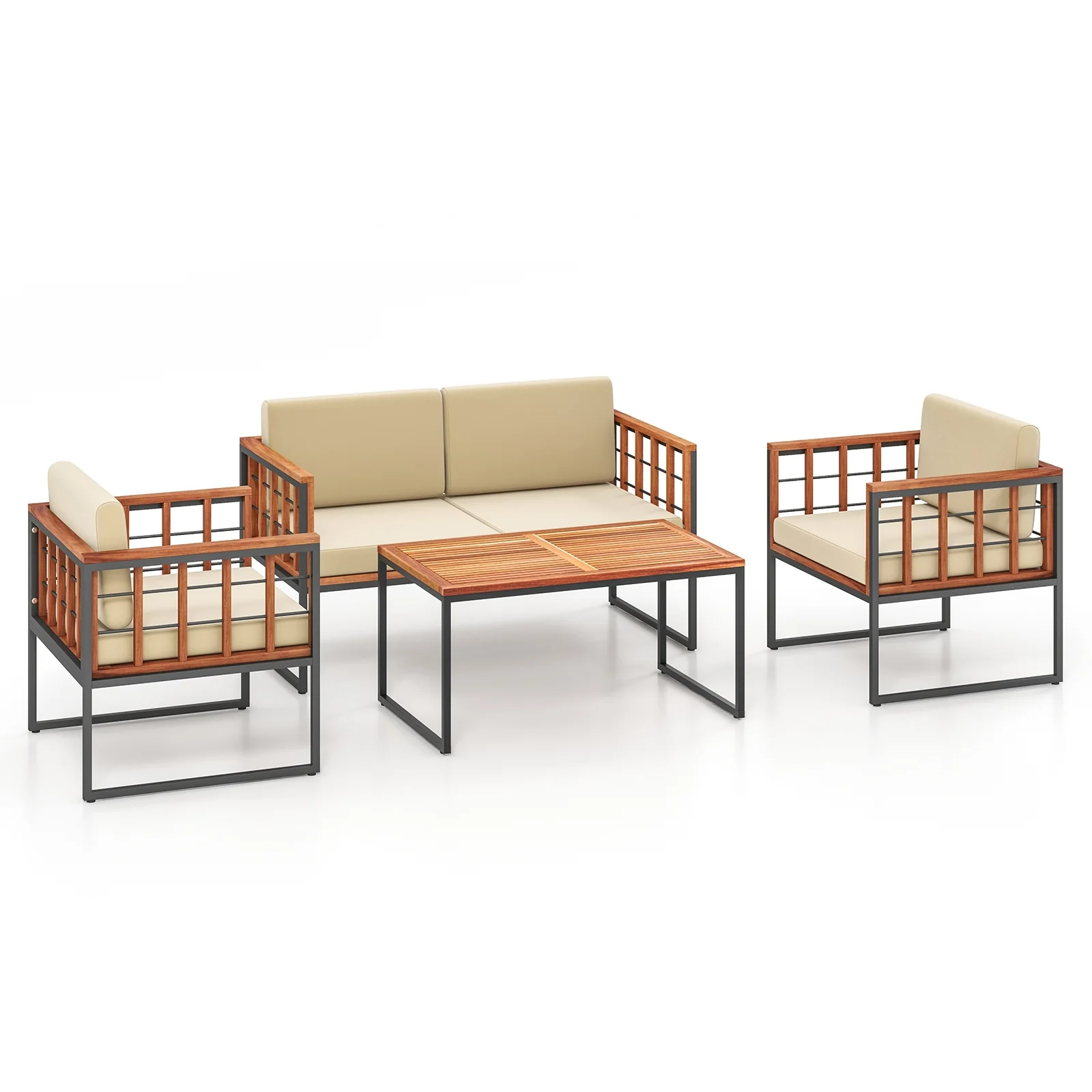 4 Pieces Acacia Wood Outdoor Sofa Set for Balcony Porch Backyard Poolside - Image 4