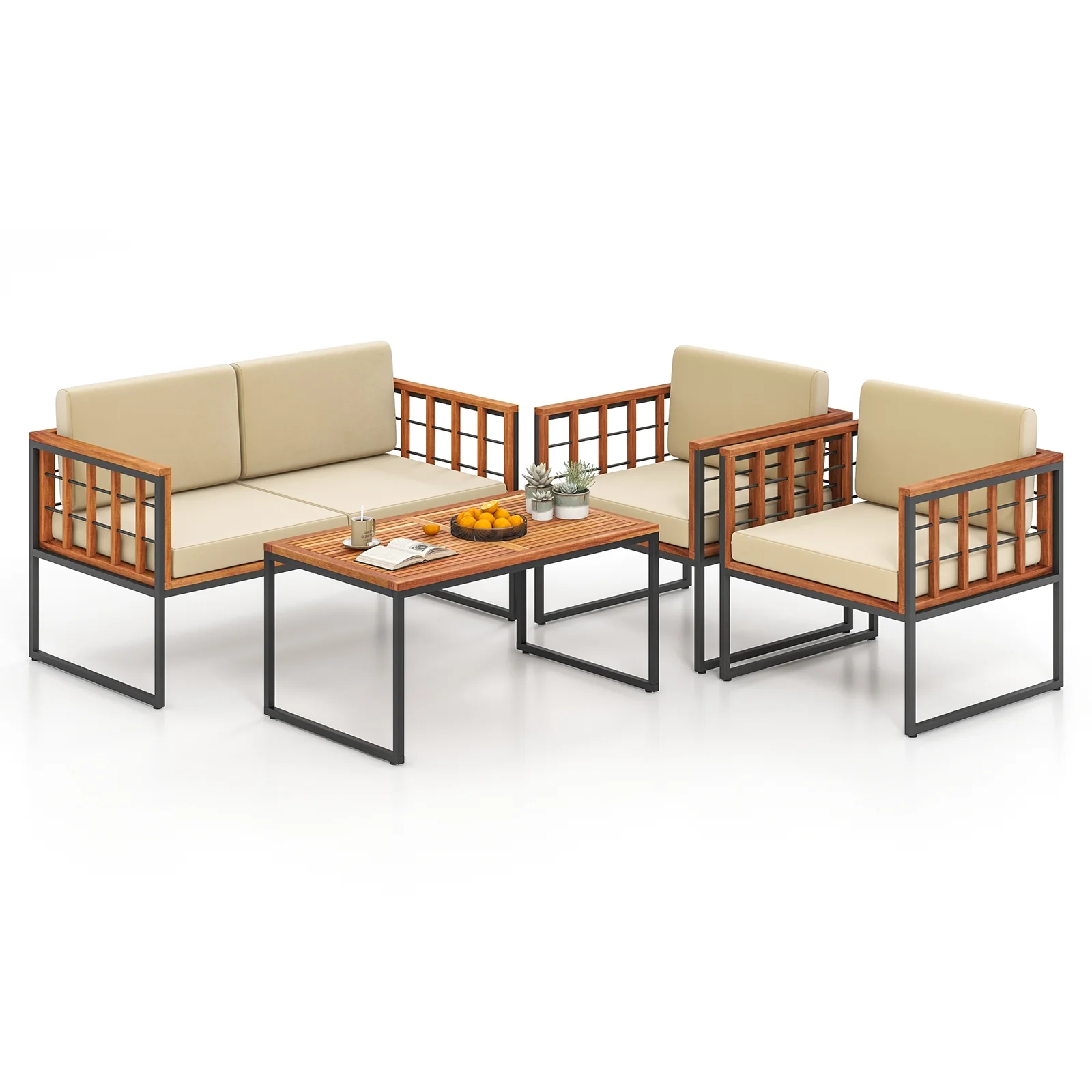 4 Pieces Acacia Wood Outdoor Sofa Set for Balcony Porch Backyard Poolside - Image 5