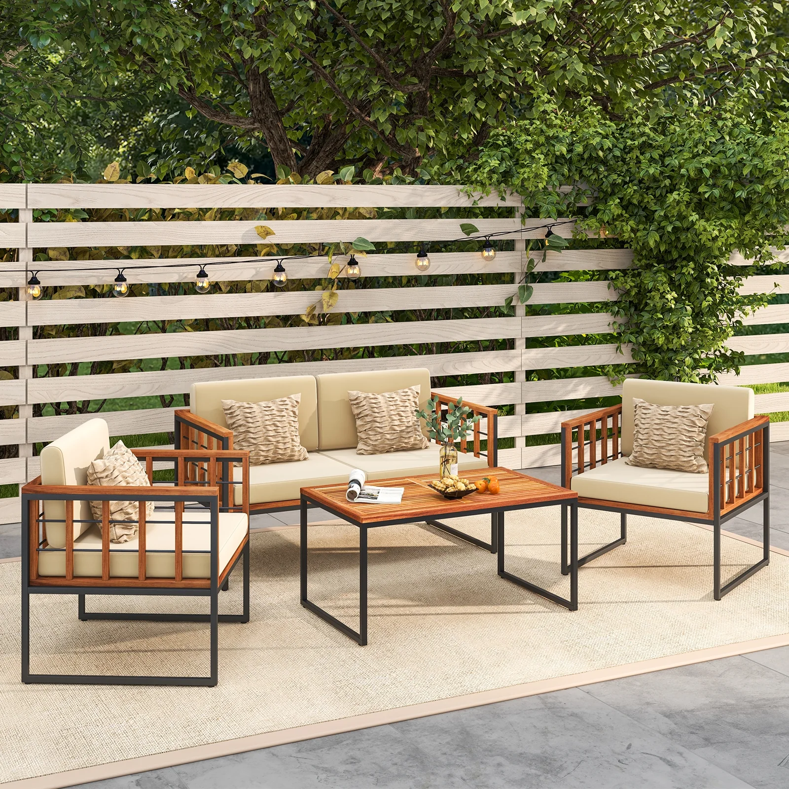 4 Pieces Acacia Wood Outdoor Sofa Set for Balcony Porch Backyard Poolside - Image 7