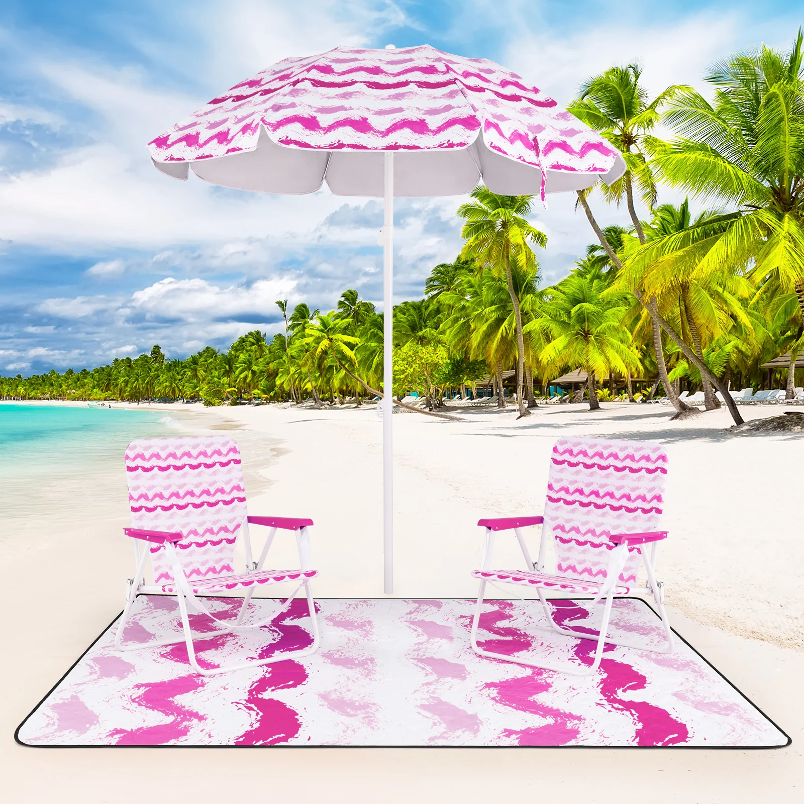 4 Pieces Beach Umbrella Set with 2 Foldable Chairs and Picnic Blanket, Pink - Image 2