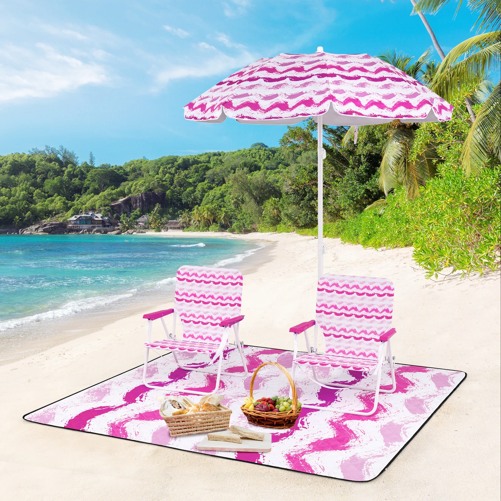 4 Pieces Beach Umbrella Set with 2 Foldable Chairs and Picnic Blanket, Pink - Image 3