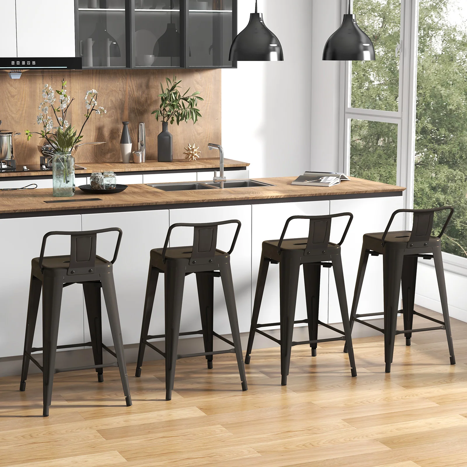 24 Inch Set of 4 Cafe Side Chairs with Rubber Feet and Removable Backs, Gun - Image 3