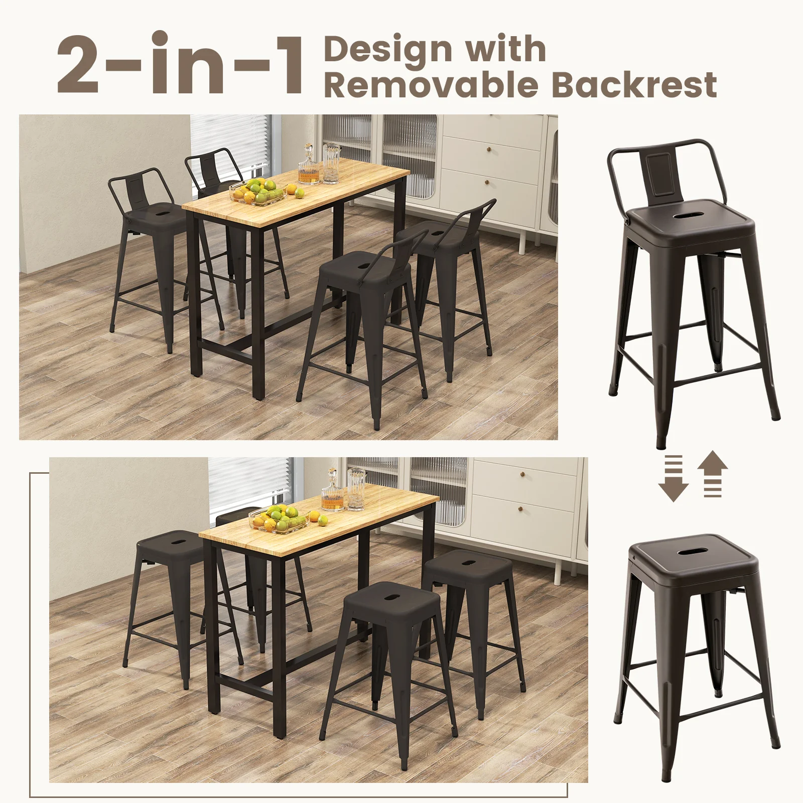 24 Inch Set of 4 Cafe Side Chairs with Rubber Feet and Removable Backs, Gun - Image 7