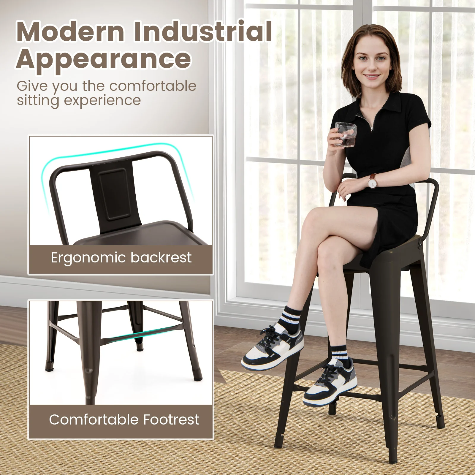 24 Inch Set of 4 Cafe Side Chairs with Rubber Feet and Removable Backs, Gun - Image 8