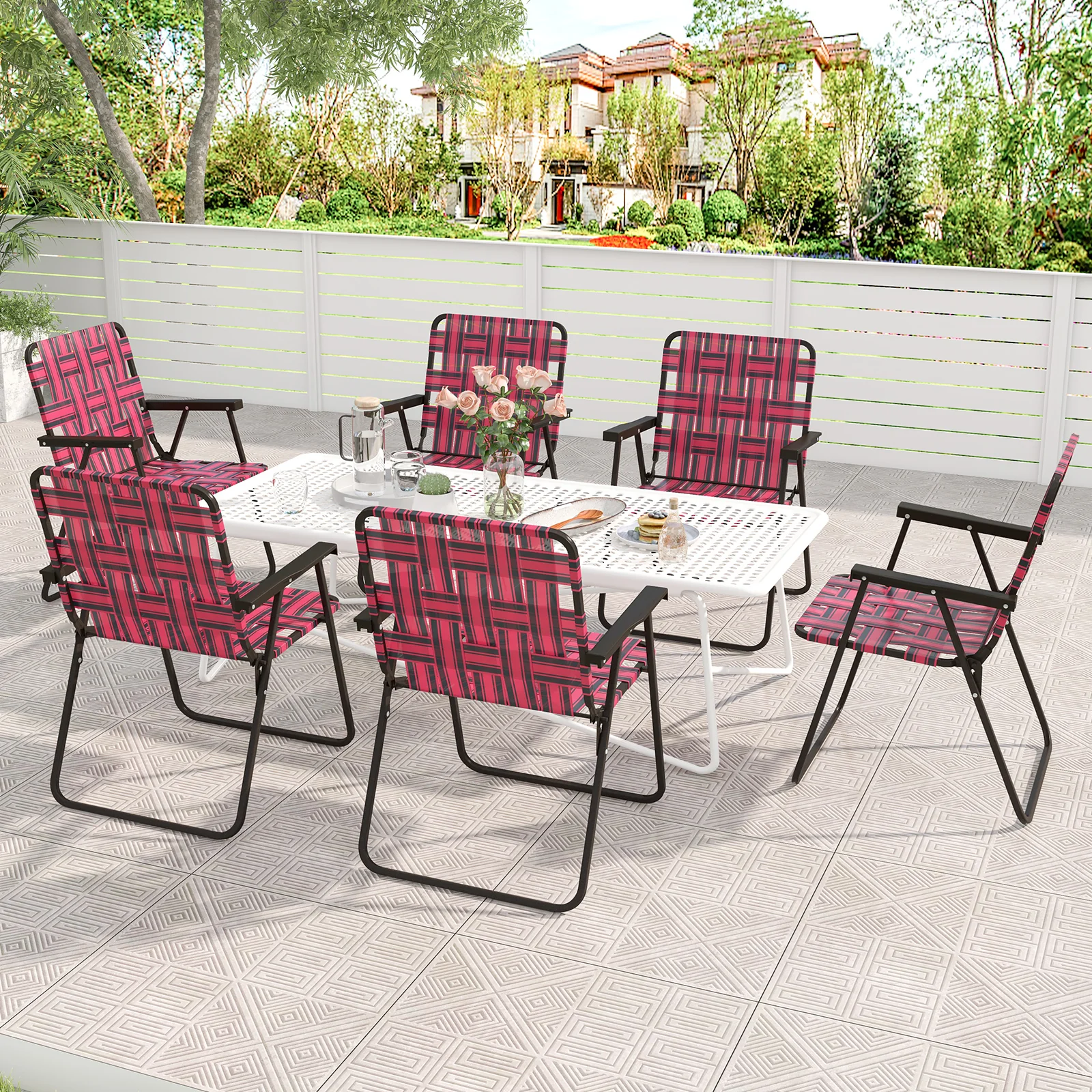 4 Pieces Folding Beach Chair, Camping Lawn Webbing Chair, Red - Image 3