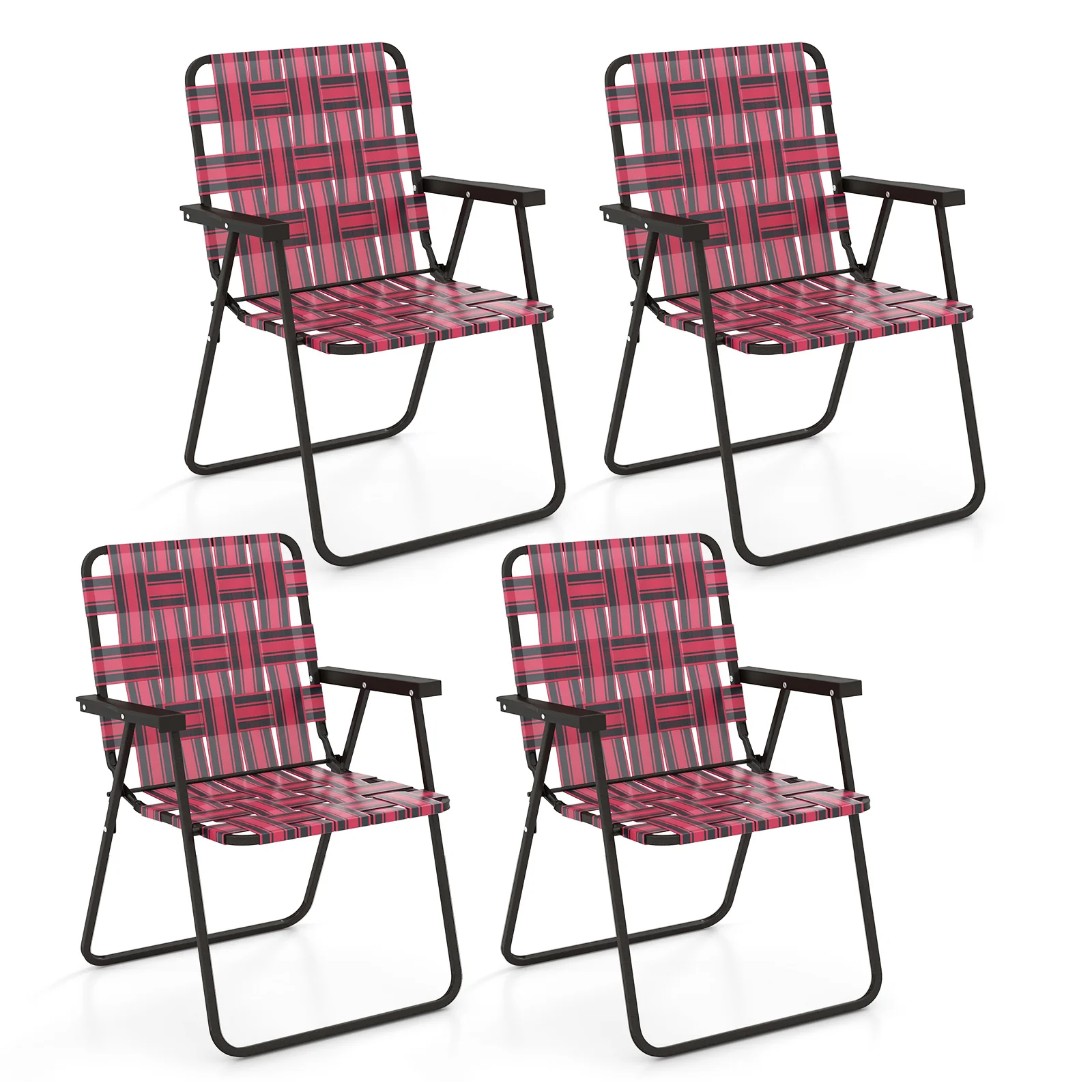 4 Pieces Folding Beach Chair, Camping Lawn Webbing Chair, Red - Image 4