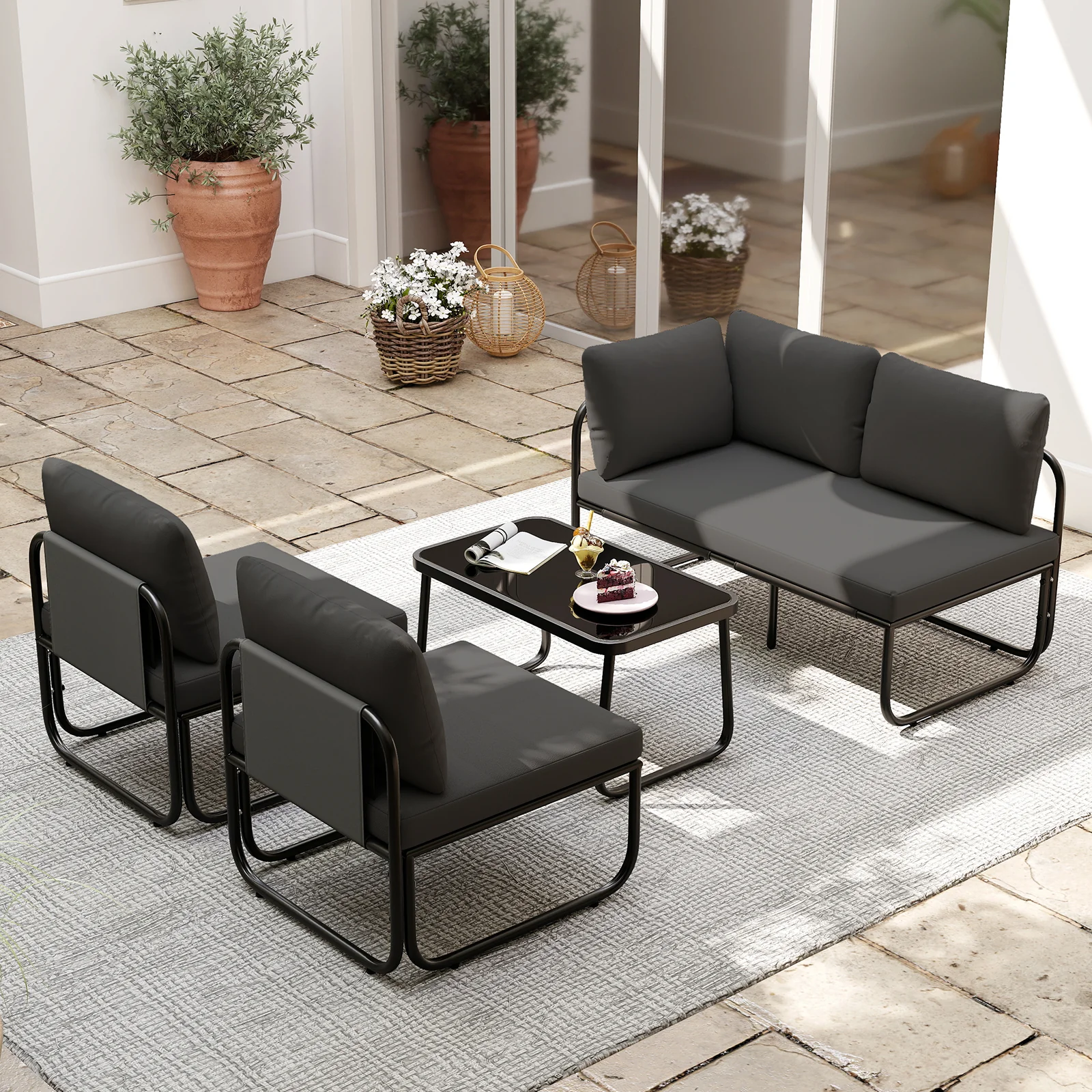 4 Pieces Patio Furniture Set with Cushions and Coffee Table, Gray - Image 3