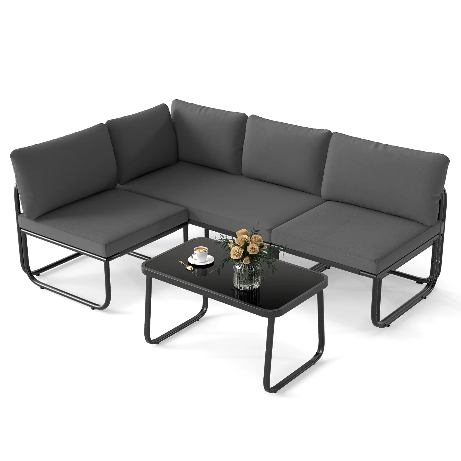 4 Pieces Patio Furniture Set with Cushions and Coffee Table, Gray - Image 4