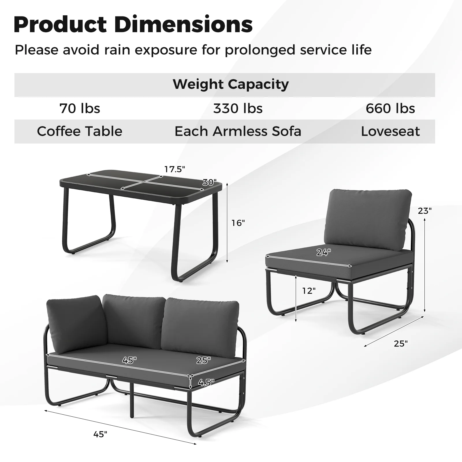 4 Pieces Patio Furniture Set with Cushions and Coffee Table, Gray - Image 6