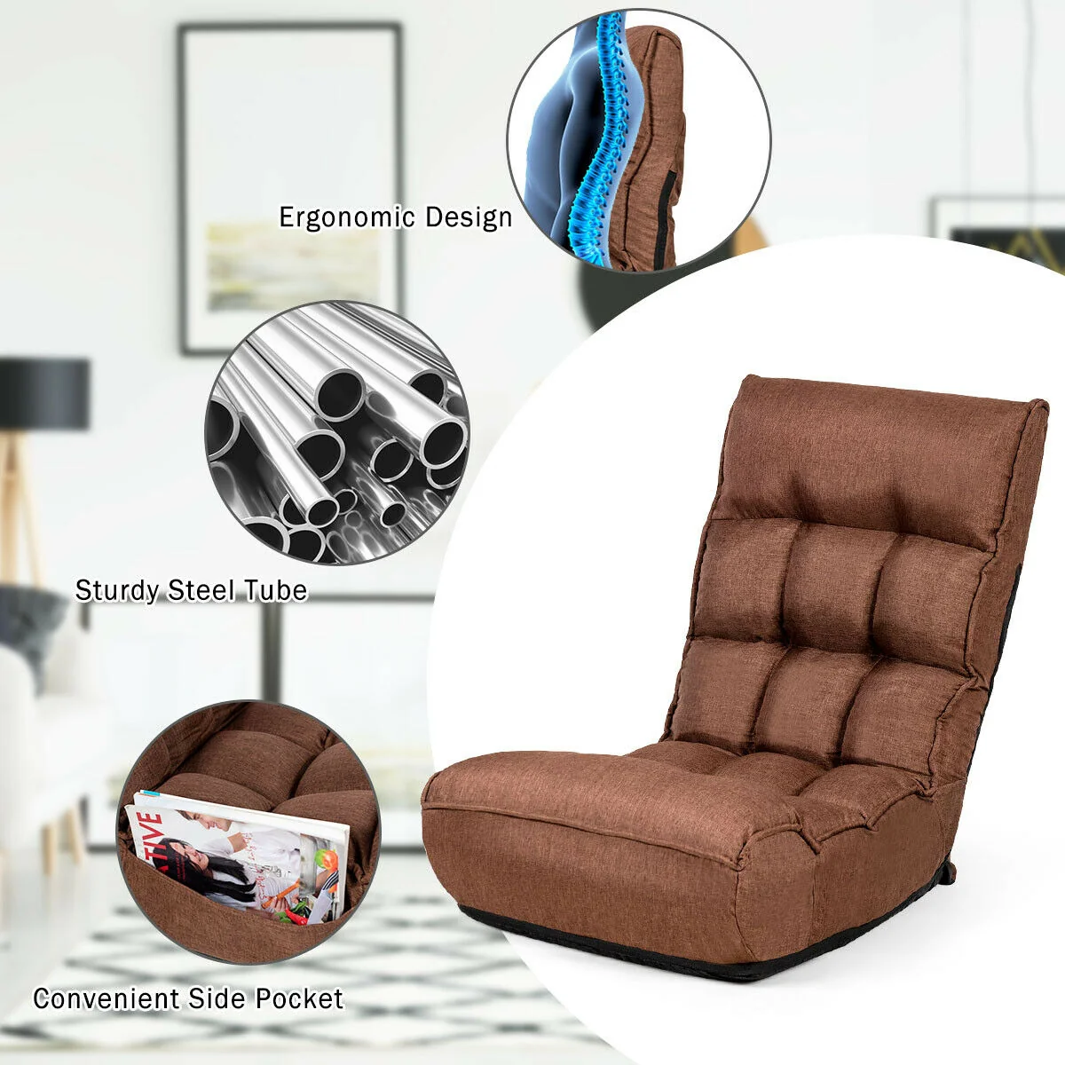 4-Position Adjustable Floor Chair Folding Lazy Sofa, Coffee - Image 10