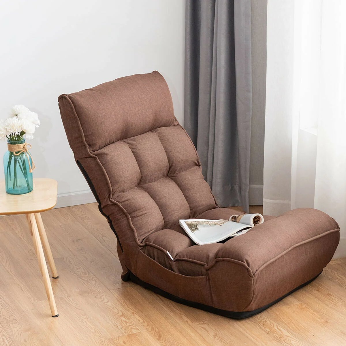 4-Position Adjustable Floor Chair Folding Lazy Sofa, Coffee - Image 2