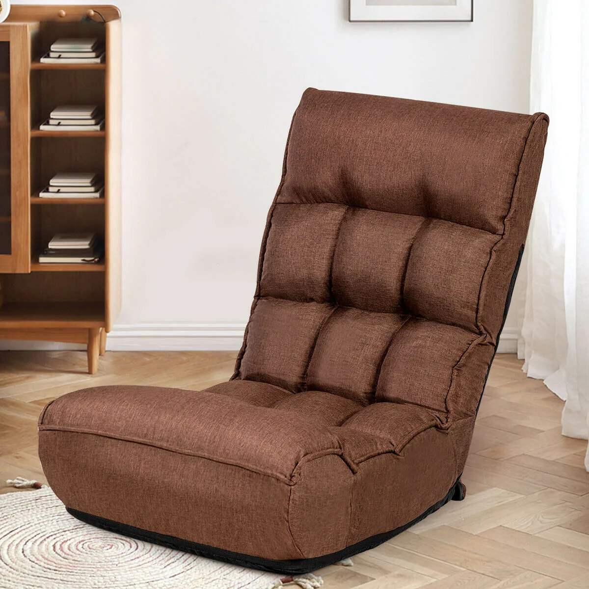 4-Position Adjustable Floor Chair Folding Lazy Sofa, Coffee - Image 3