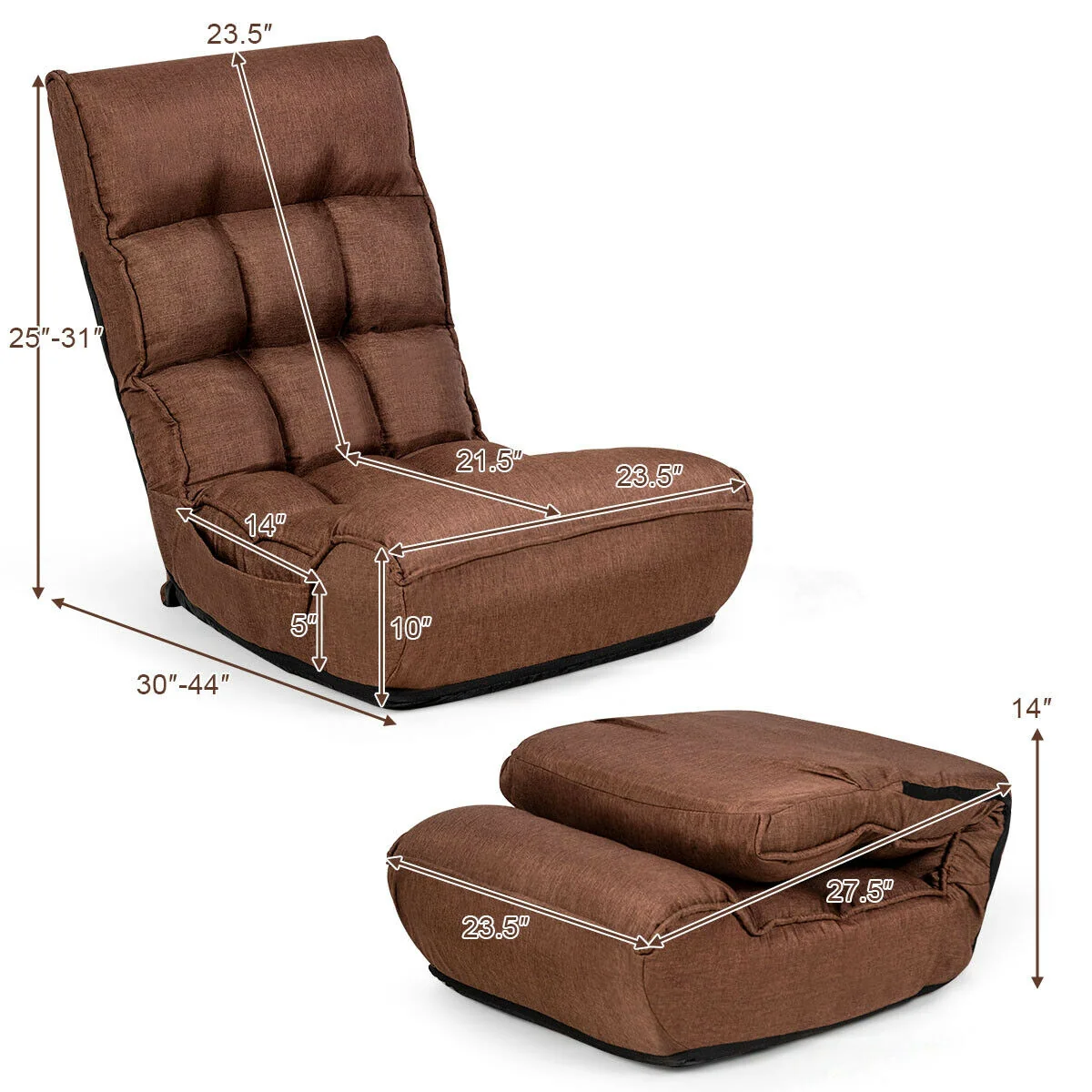 4-Position Adjustable Floor Chair Folding Lazy Sofa, Coffee - Image 5
