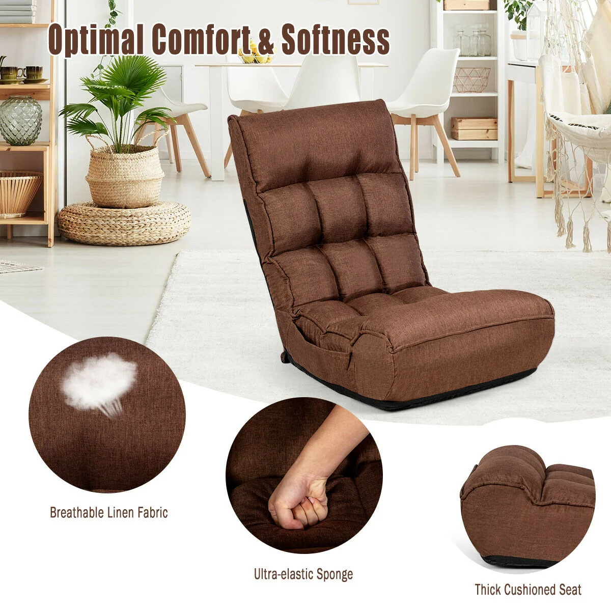 4-Position Adjustable Floor Chair Folding Lazy Sofa, Coffee - Image 6