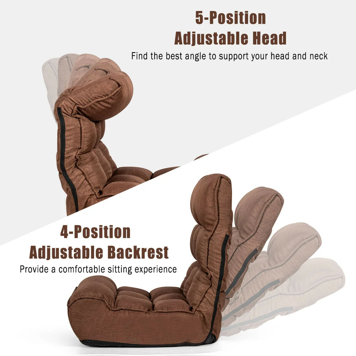 4-Position Adjustable Floor Chair Folding Lazy Sofa, Coffee - Image 9