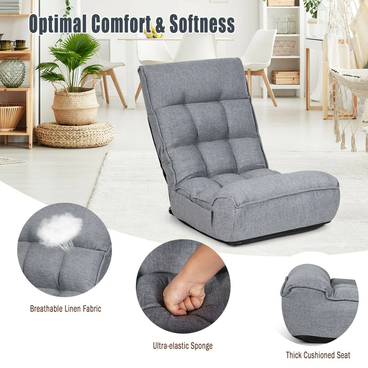 4-Position Adjustable Floor Chair, Folding Lazy Sofa, Gray - Image 10