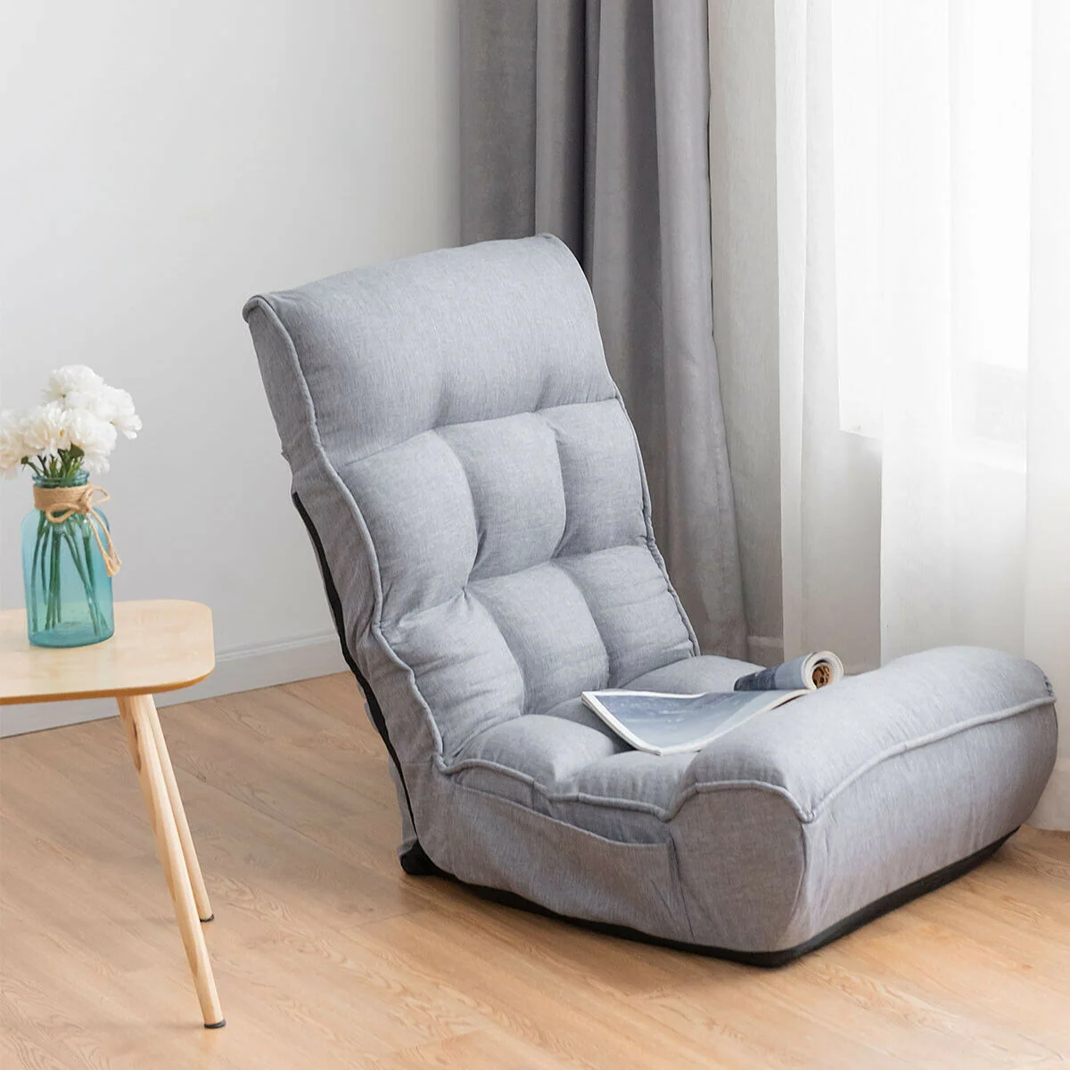 4-Position Adjustable Floor Chair, Folding Lazy Sofa, Gray - Image 2