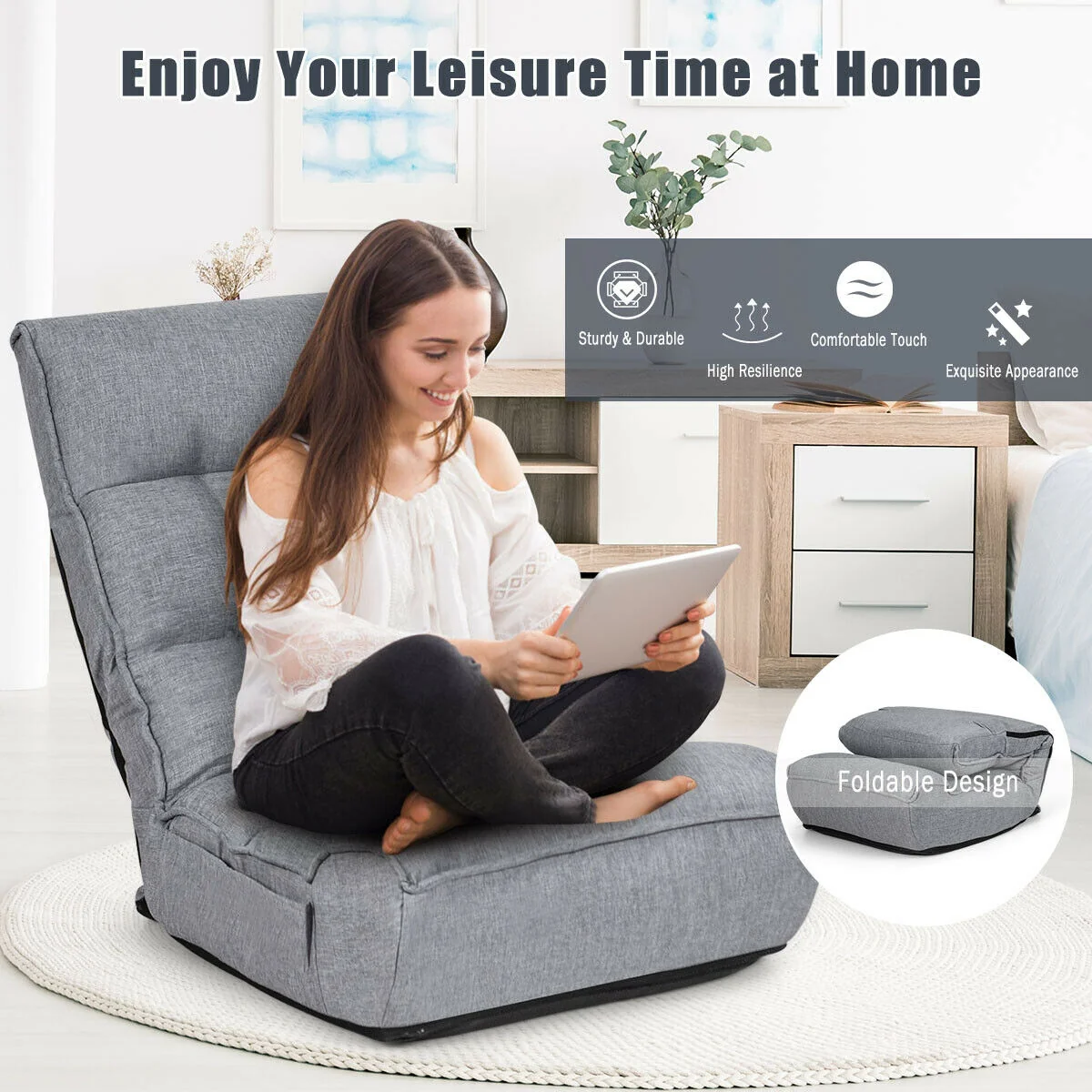 4-Position Adjustable Floor Chair, Folding Lazy Sofa, Gray - Image 8